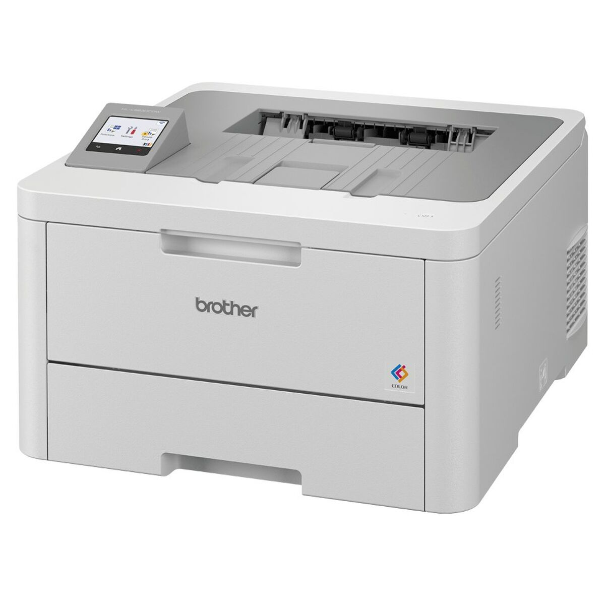 Stampante Brother bianca con display a colori e logo a colori.