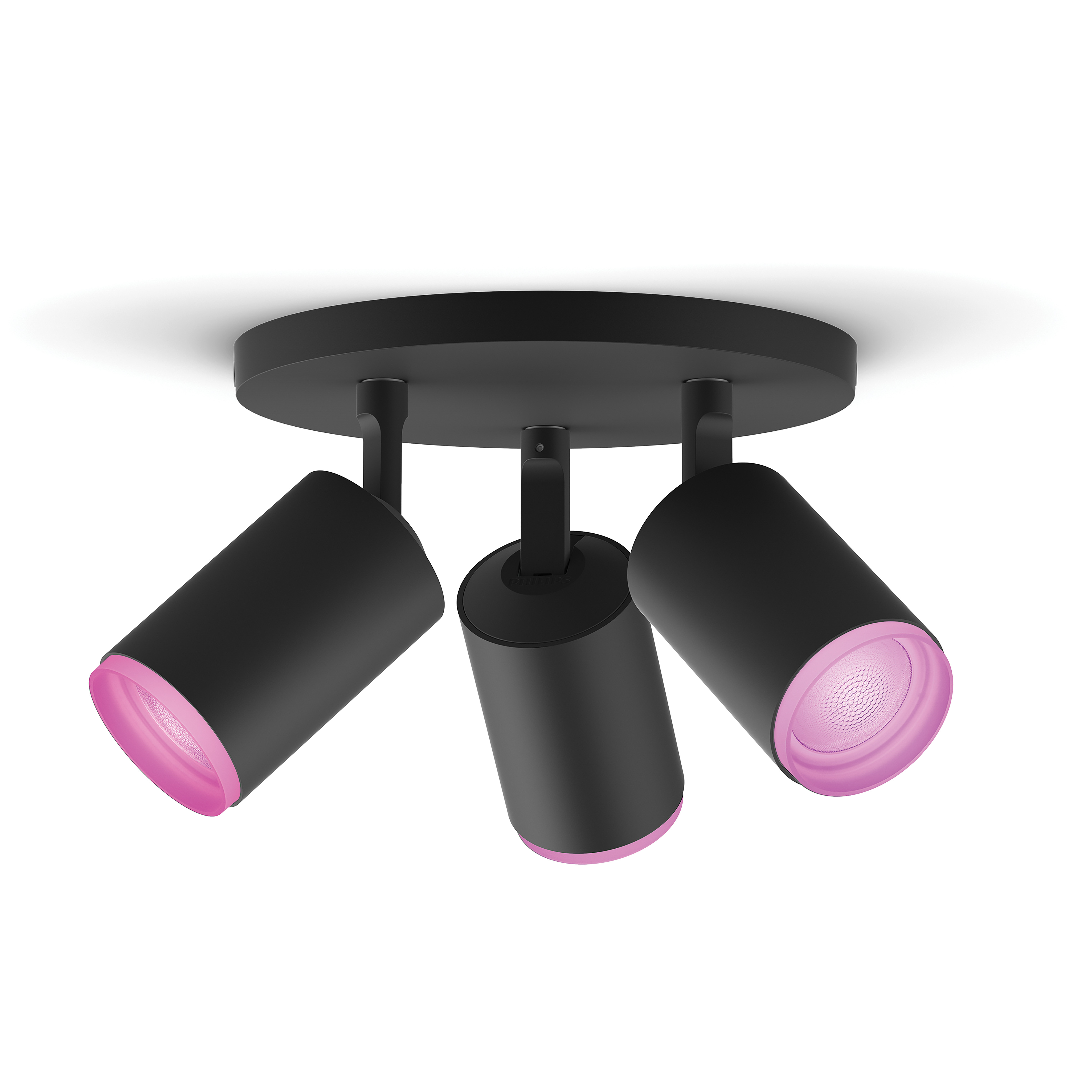 Spot de plafond noir avec trois têtes réglables. Chaque tête a une lumière interne rose.