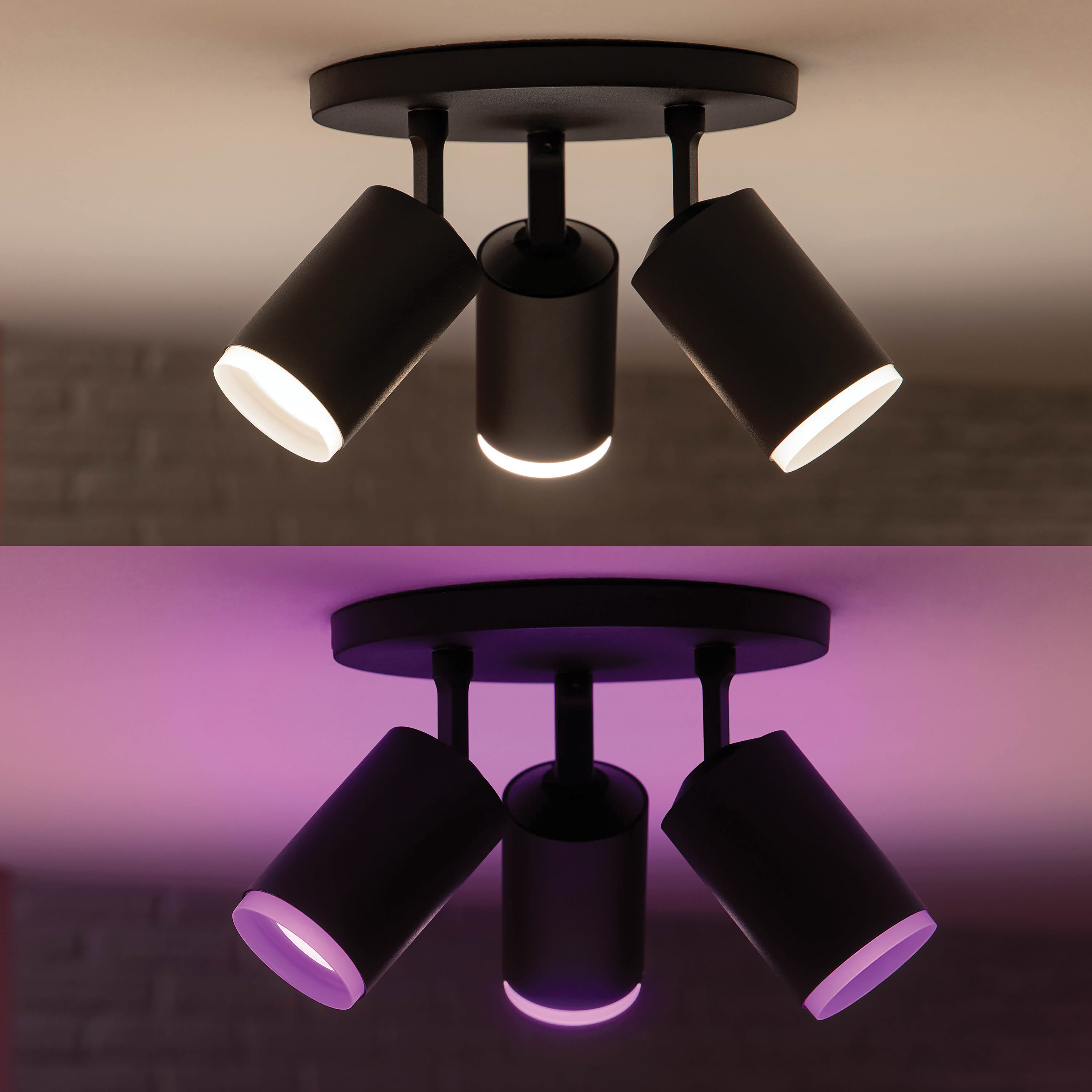 Trois spots noirs au plafond, l'image du bas montrant des lumières violettes et blanches.