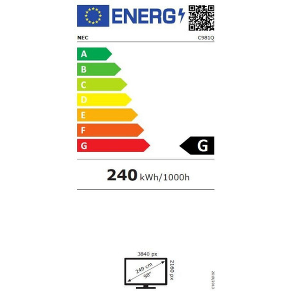 Una etiqueta energética. Muestra una clasificación de eficiencia energética G y otros detalles del producto.