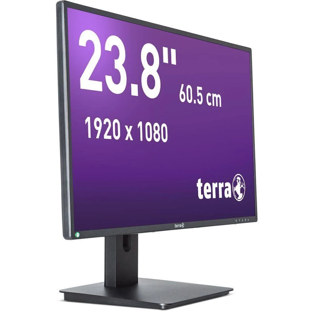 Un monitor per computer che mostra del testo, con cornice e supporto neri, da un'angolazione laterale.