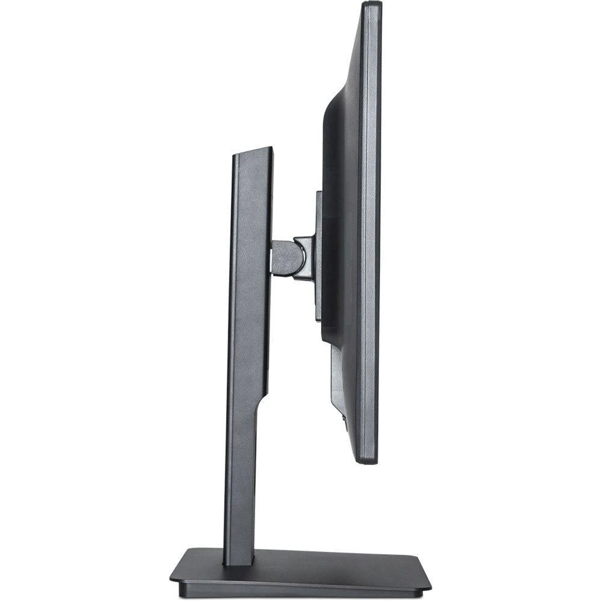 Vista laterale di un monitor per computer. Il monitor è nero, su un supporto, con un design semplice.