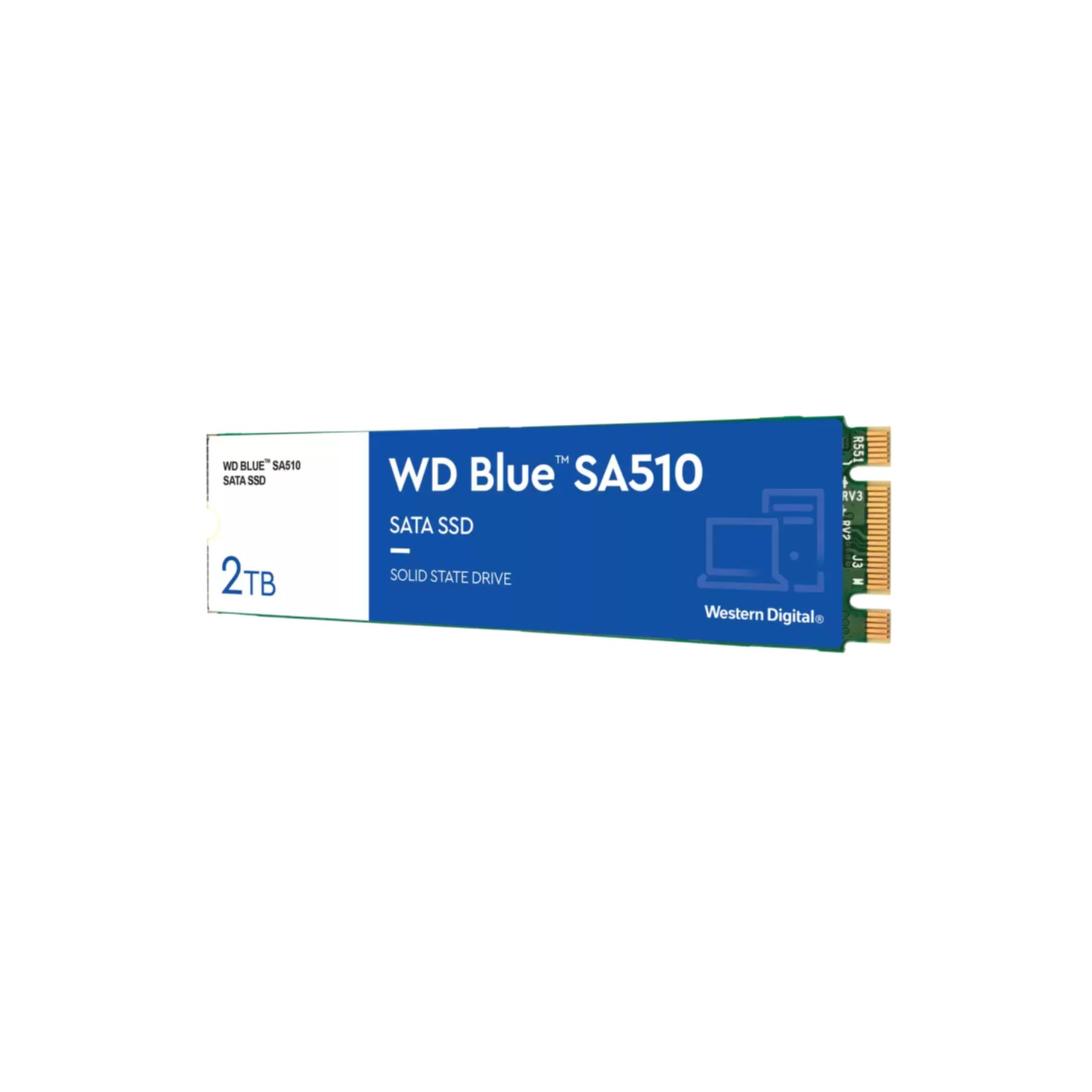 WD Blue SA510 SATA SSD, 2 TB. Niebieska i biała etykieta z tekstem. Białe tło.