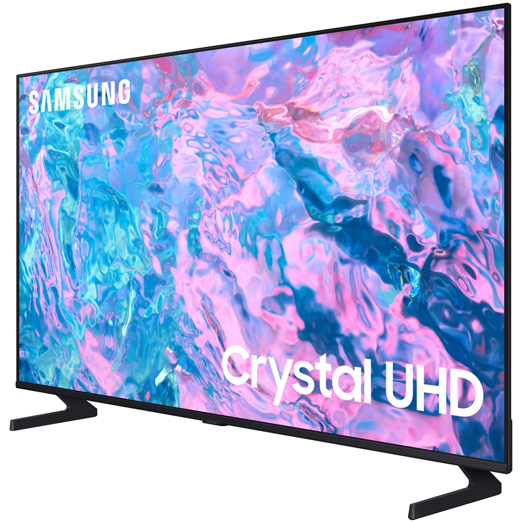 Telewizor Samsung Crystal UHD, wyświetlający kolorową sztukę abstrakcyjną, z czarnym stojakiem i ramą.