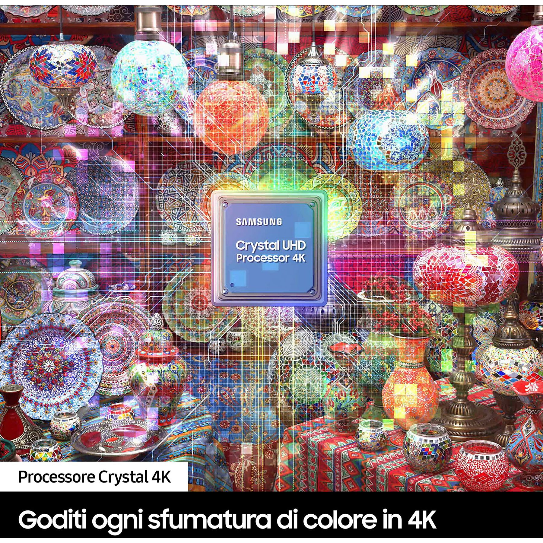 Wyświetlacz Samsung Crystal UHD Processor 4K z kolorowymi obiektami.
