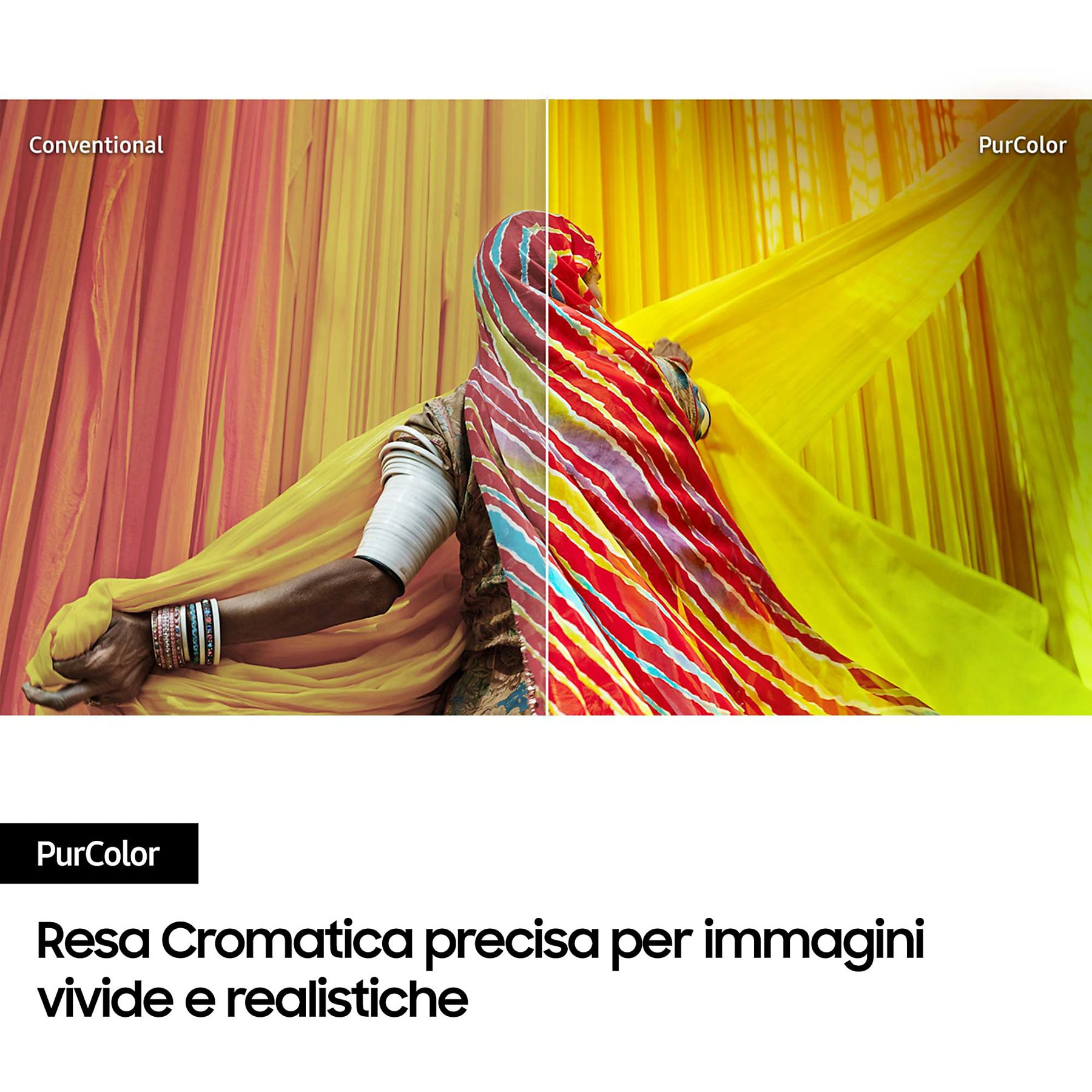 Kobieta w kolorowych ubraniach. Obraz jest podzielony, pokazując konwencjonalny i PurColor.