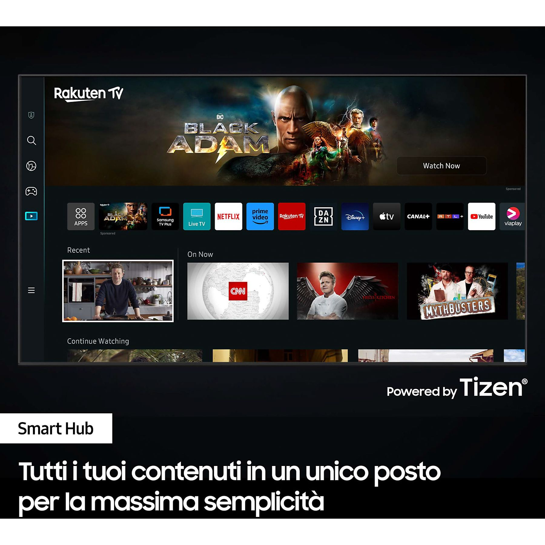 Ekran Smart TV z przewodnikiem TV, plakatami filmowymi i logo Rakuten TV.