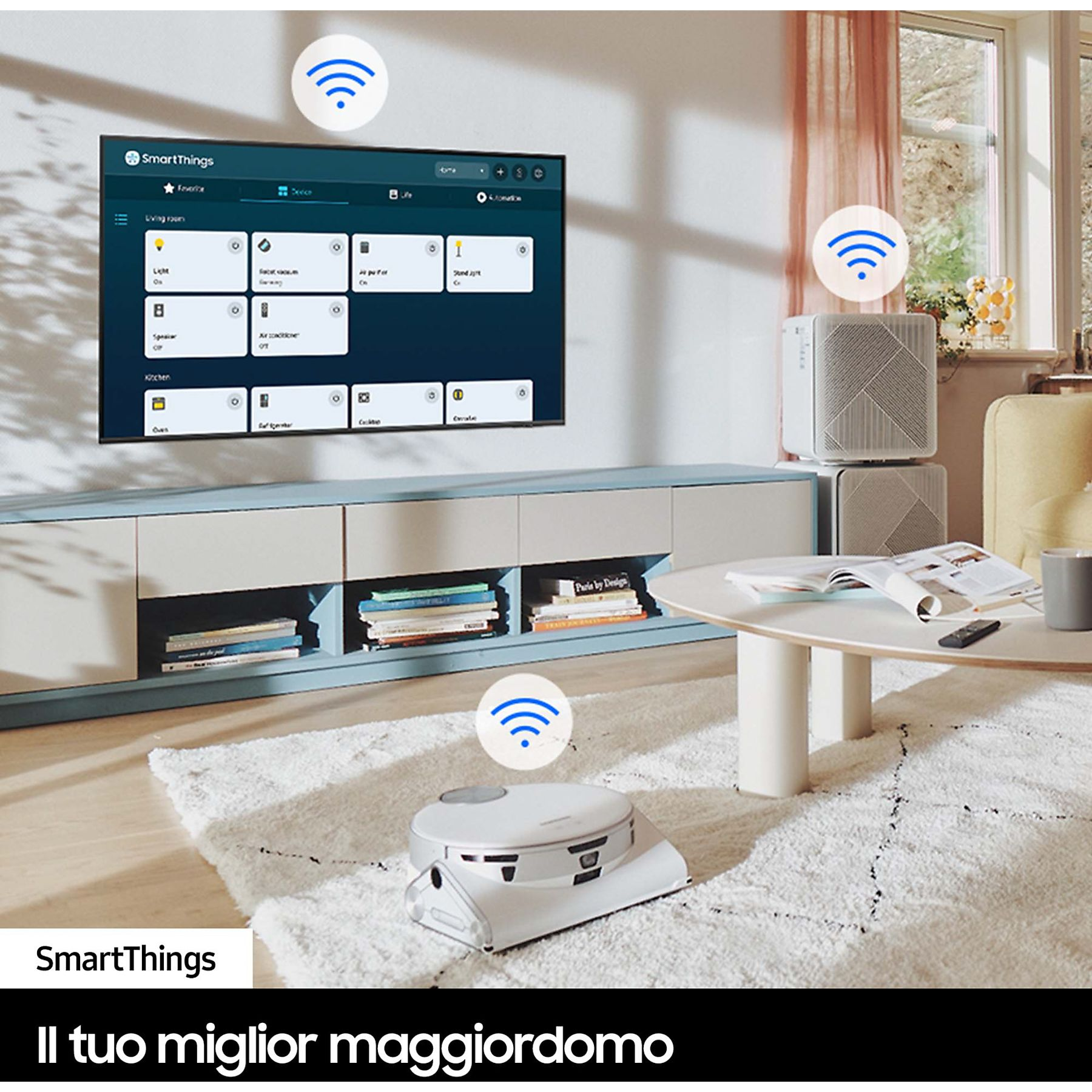 Salon z telewizorem, aplikacjami smart home, robotem sprzątającym i ikonami Wi-Fi.