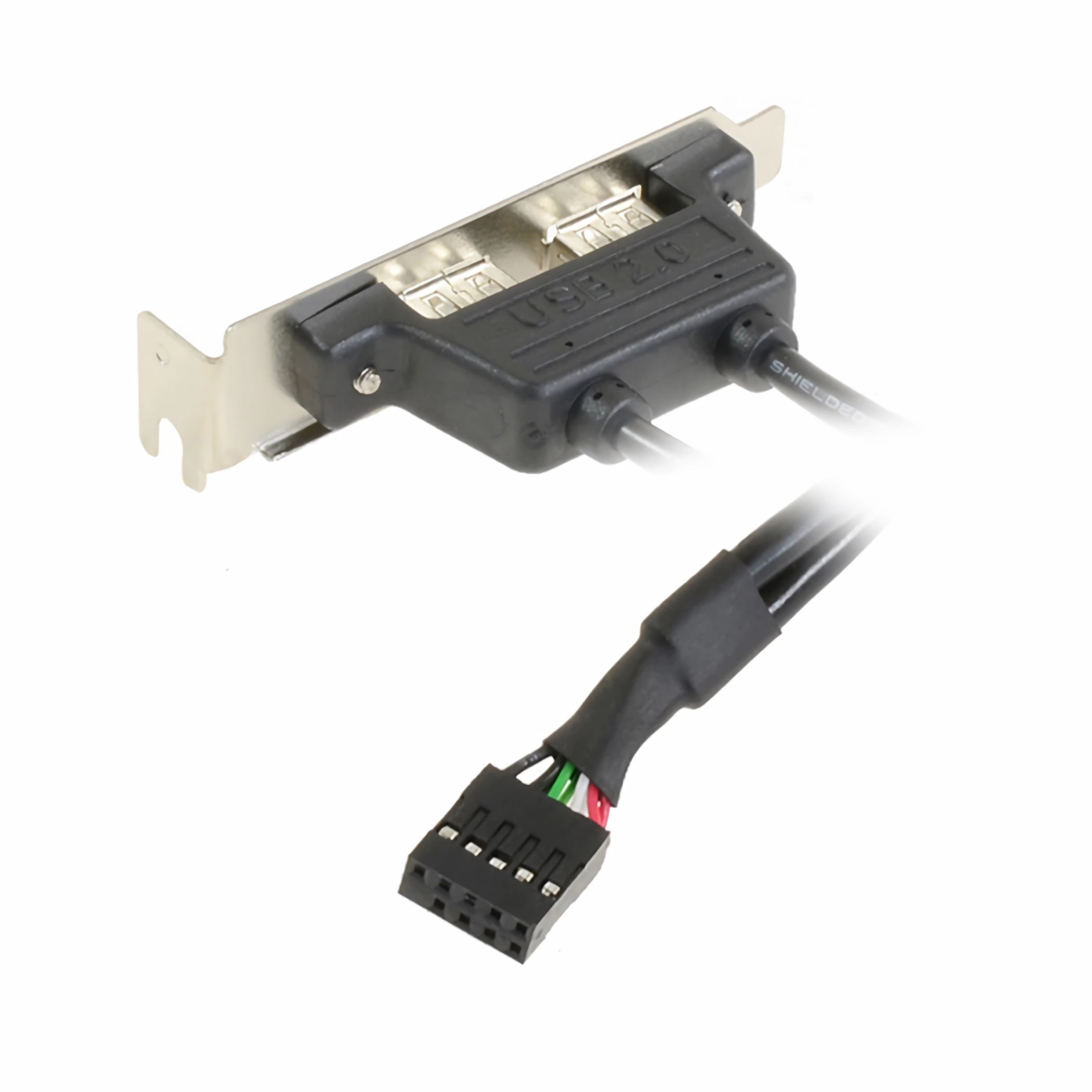 USB 2.0 Frontpanel-Anschluss mit Kabel. Schwarz und Silber, weißer Hintergrund.