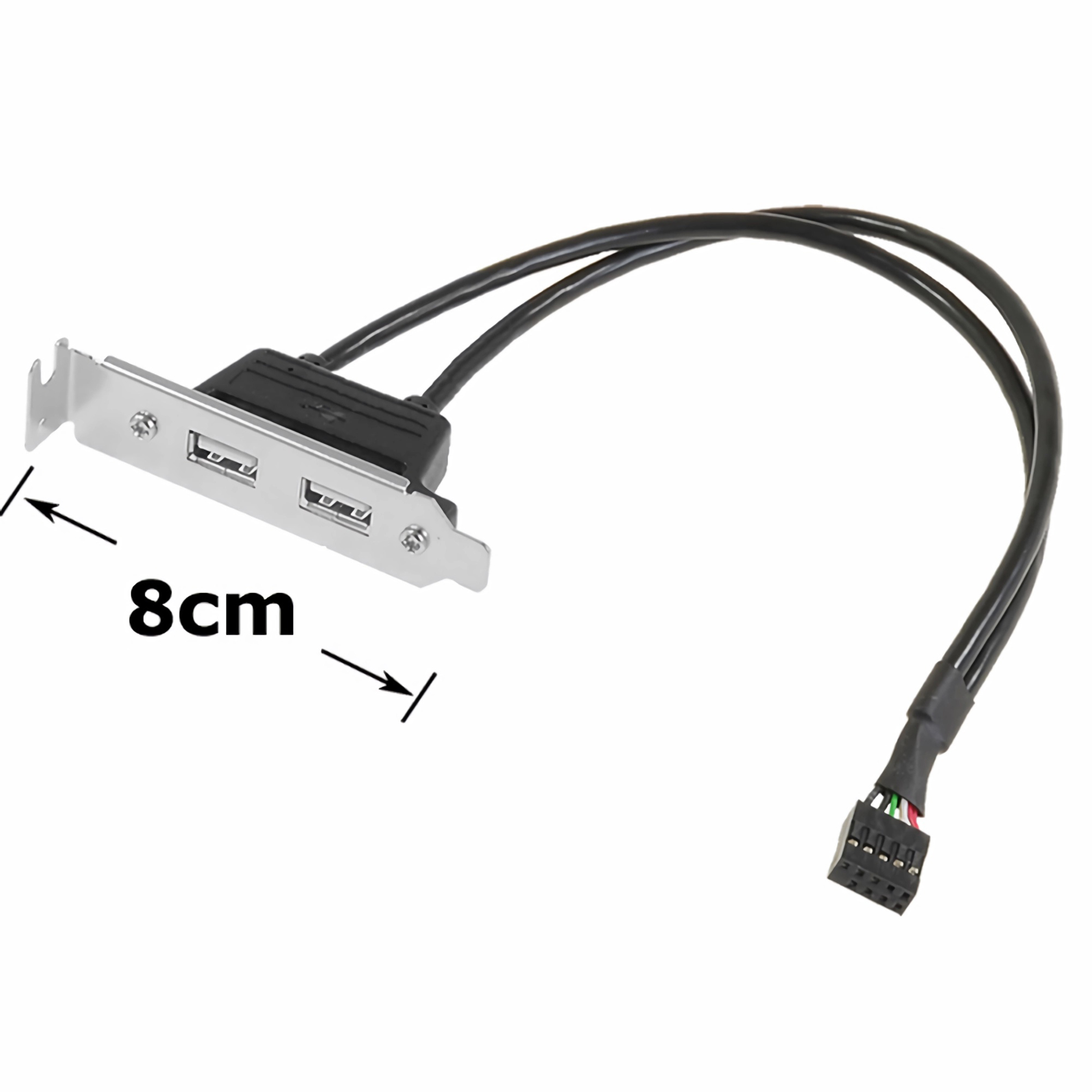Schwarzes USB-Anschlussfeld mit zwei Anschlüssen und Kabeln. 8 cm breit.