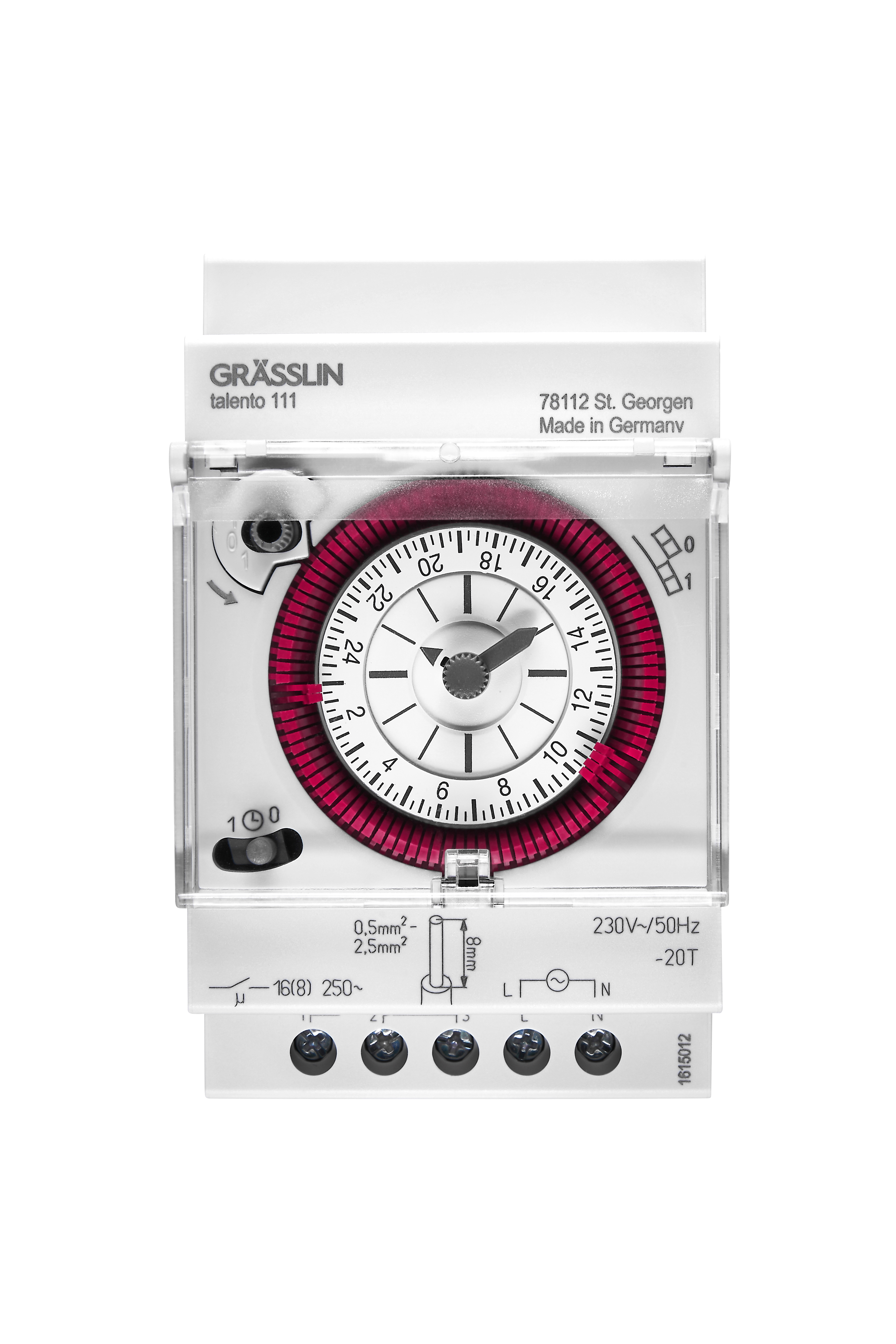Timer Grässlin talento 111 su sfondo bianco. Il timer ha un quadrante rosso e molti punti di connessione.