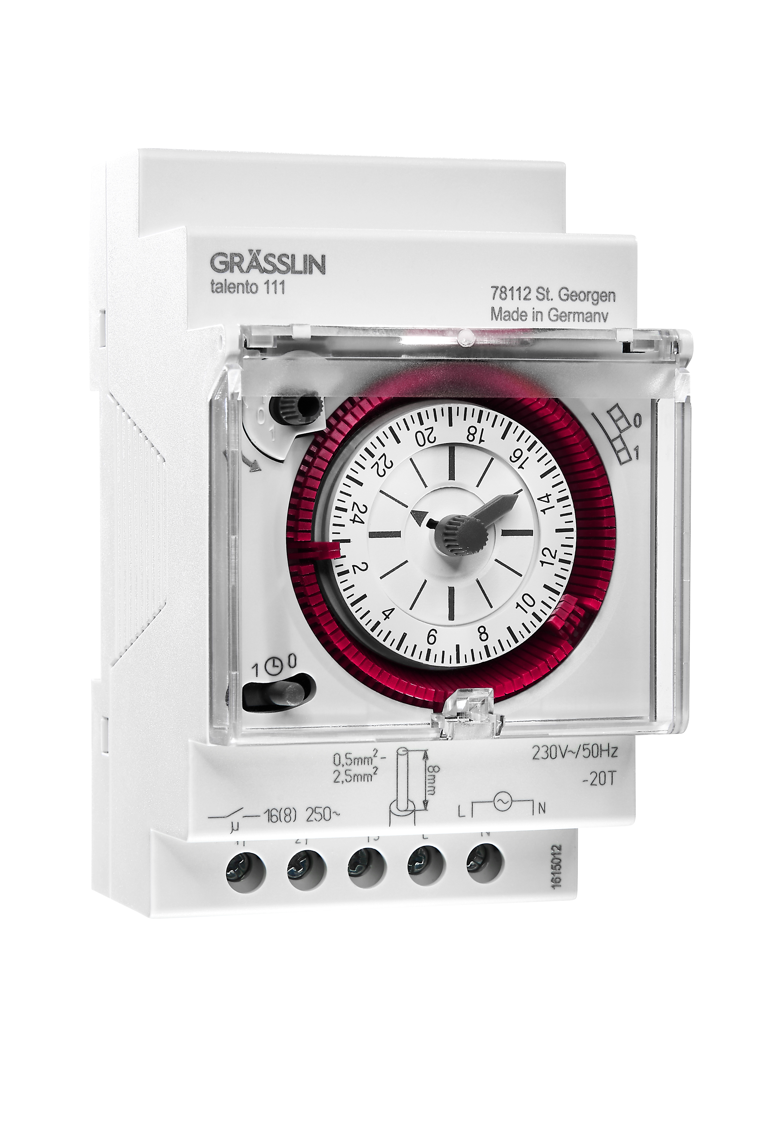Un timer GRÄSSLIN talento 111 bianco. Ha un quadrante rosso, una copertura trasparente e vari collegamenti elettrici.