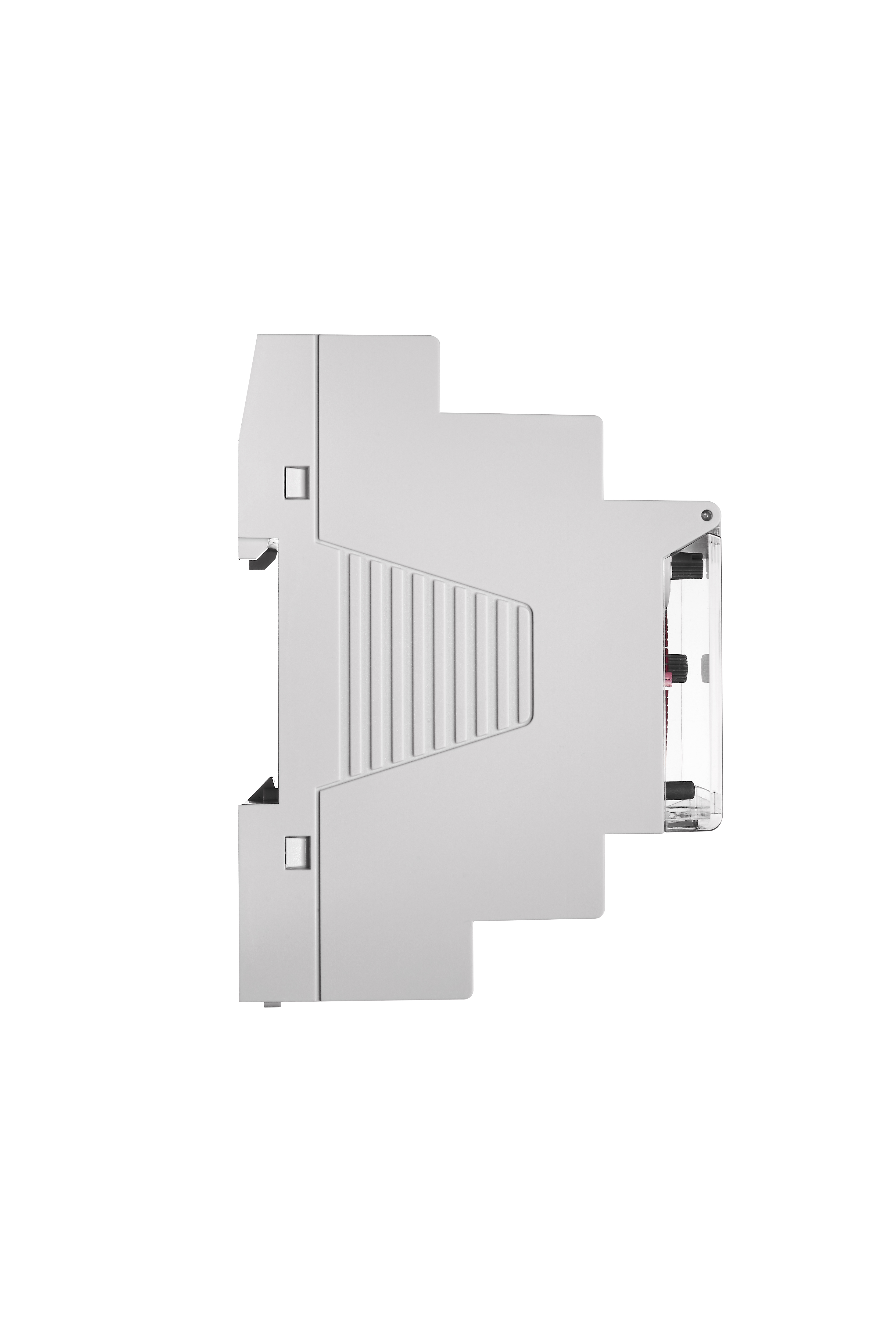 Un componente elettrico bianco con un pannello frontale trasparente.