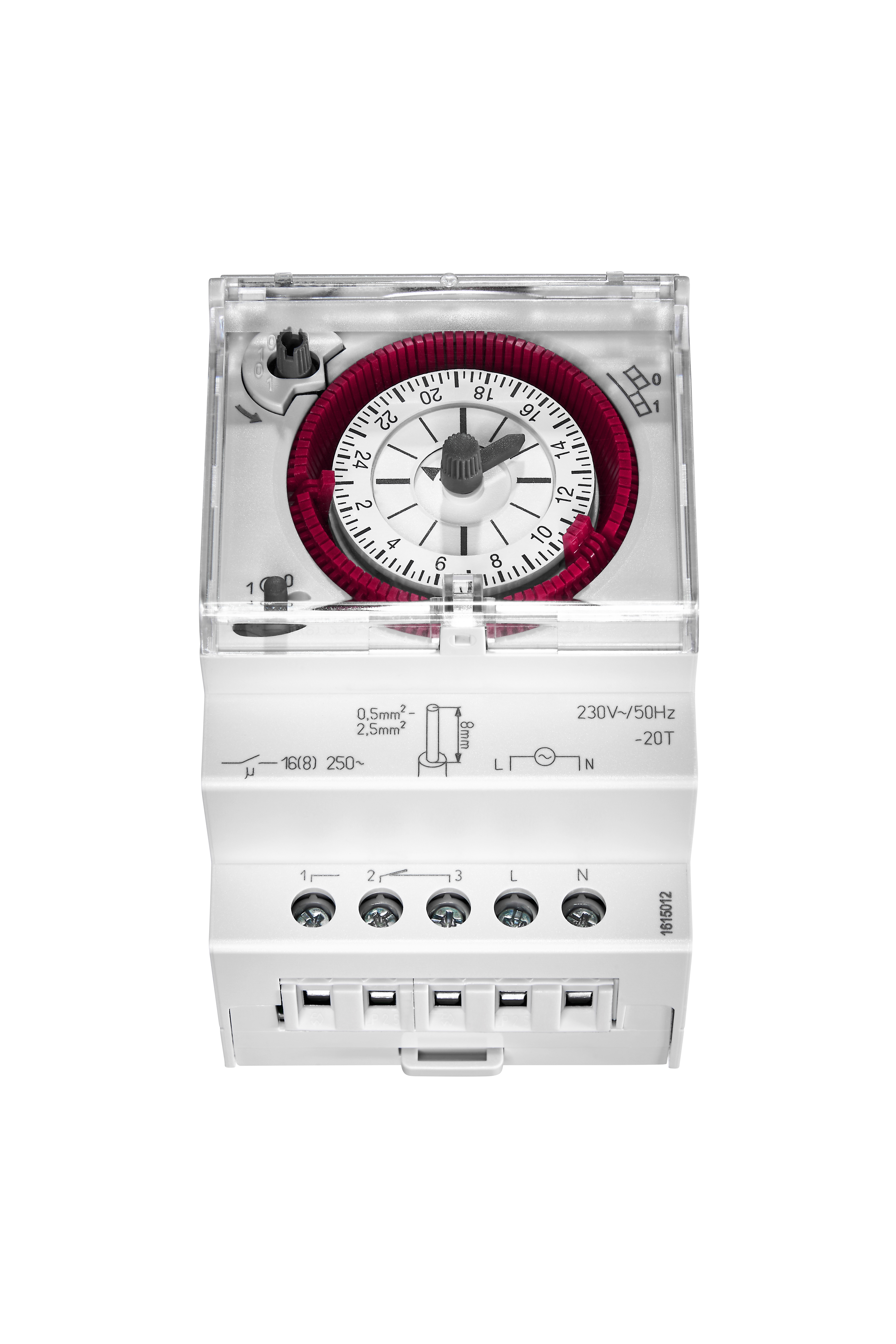 Un timer bianco con quadrante rosso, copertura in plastica trasparente e terminali.