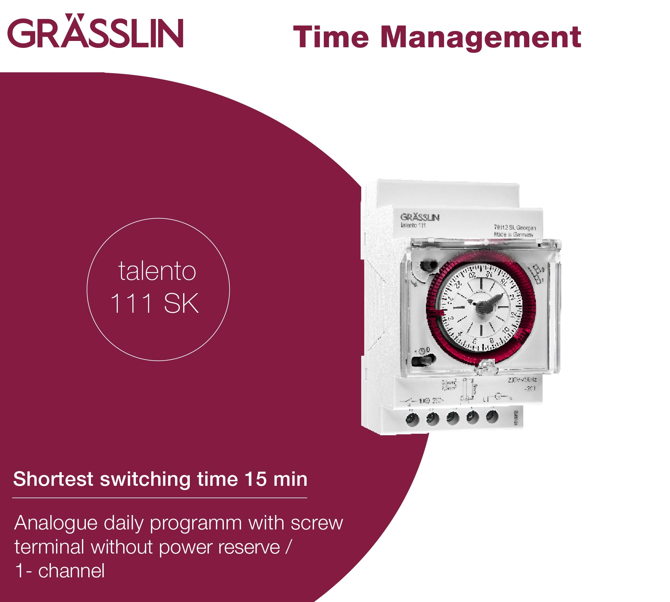Timer con quadrante circolare. Etichetta 'talento 111 SK'. Testo: 'Tempo di commutazione più breve 15 min'.