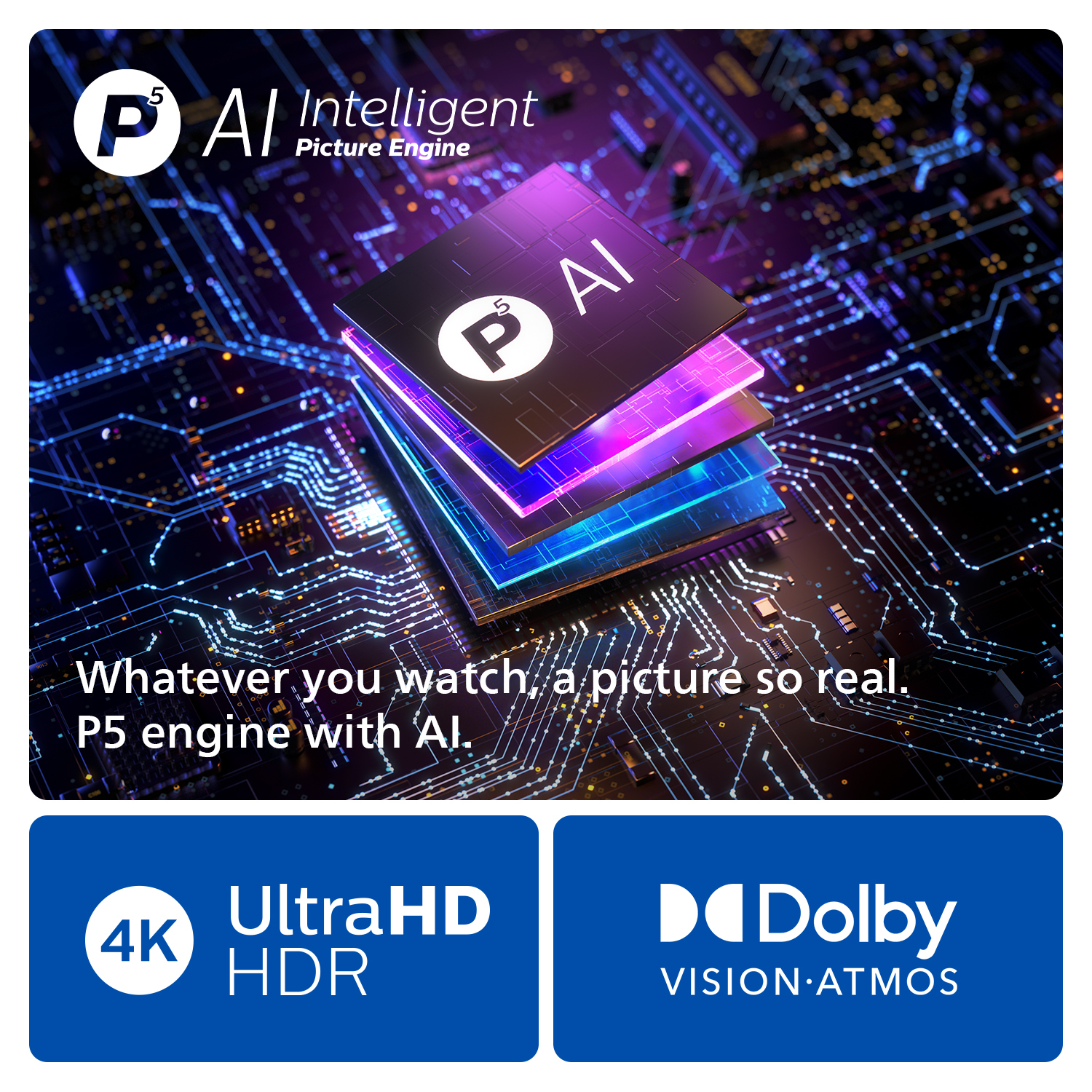 Ein Computerchip mit dem Text 'P5 AI'. Text: 'Was immer Sie sehen, ein Bild so real'.