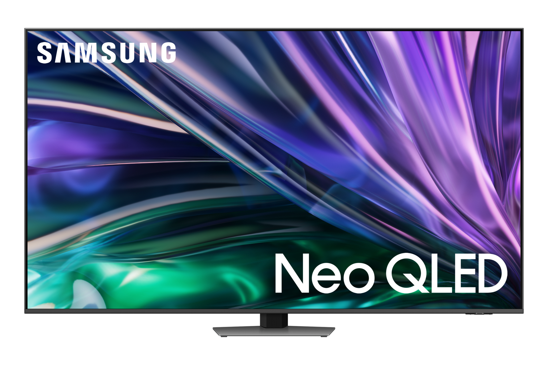 Un grande televisore Samsung Neo QLED che mostra un'immagine colorata e astratta.