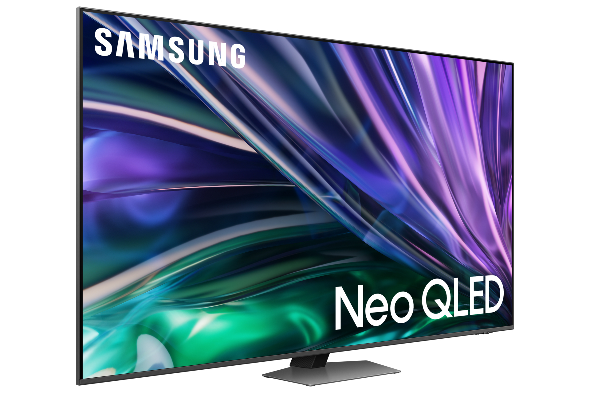 Un televisore Samsung Neo QLED angolato, che mostra uno sfondo astratto colorato.