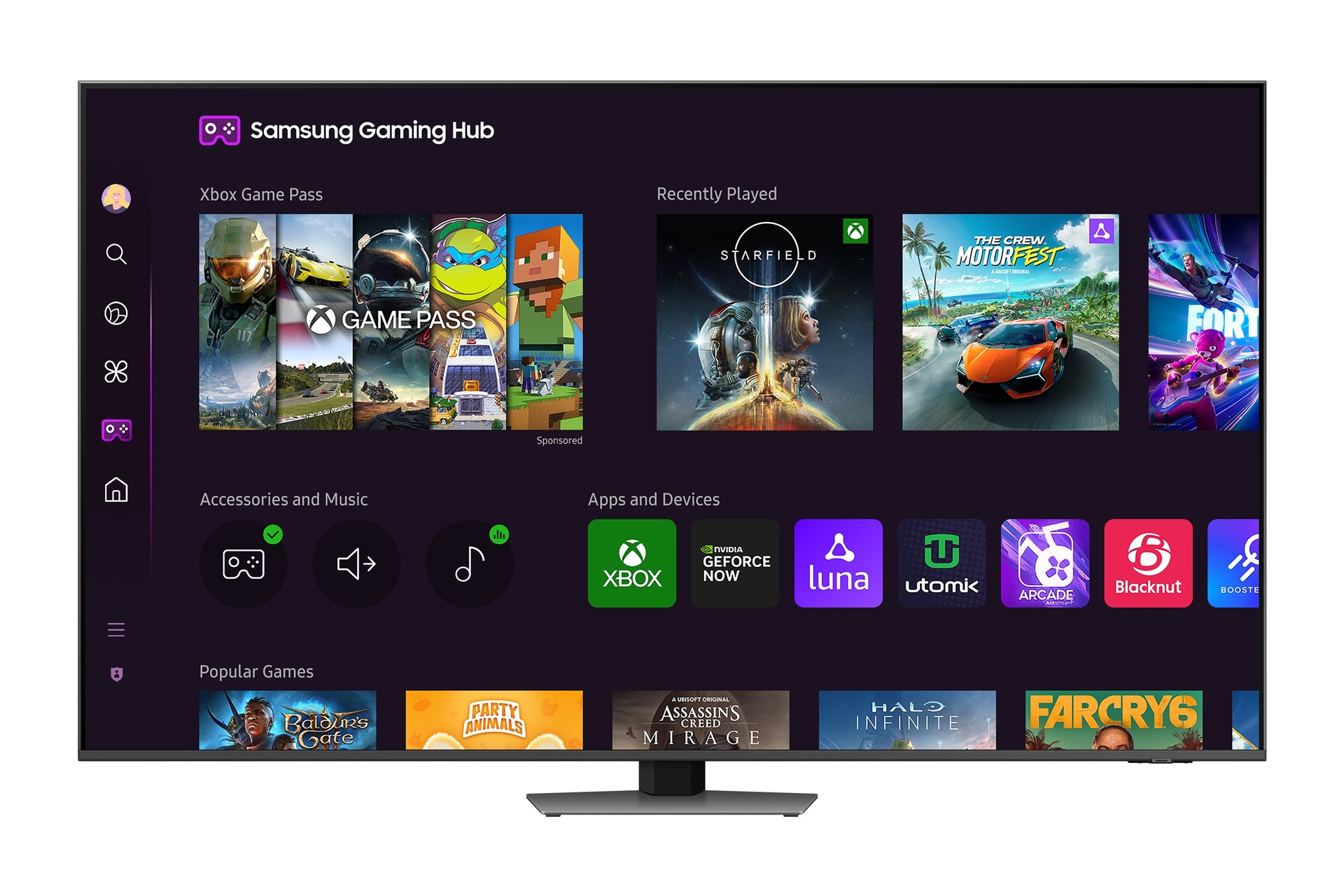 TV Samsung mostrando Samsung Gaming Hub con iconos de aplicaciones de juegos sobre fondo morado.