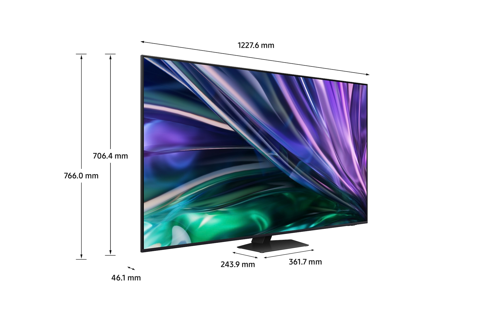 Televisor con dimensiones etiquetadas: 1227,6 mm, 706,4 mm, 766 mm y 46,1 mm.