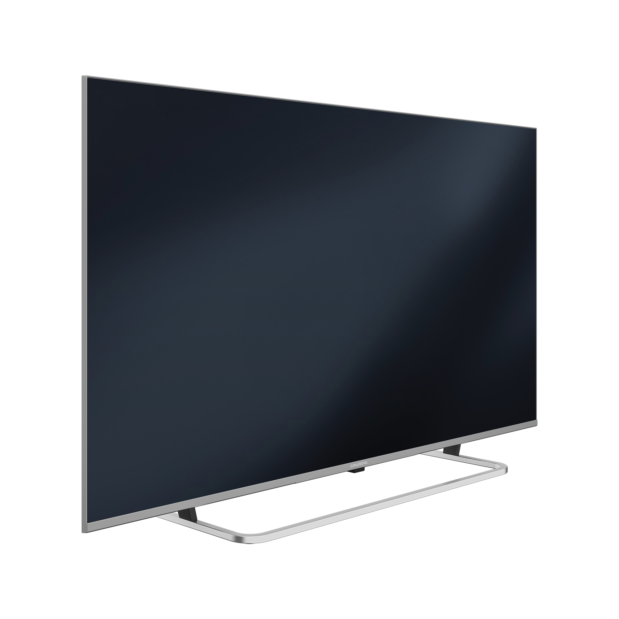 Un televisor de pantalla plana con marco plateado está en ángulo, mostrando una pantalla oscura.