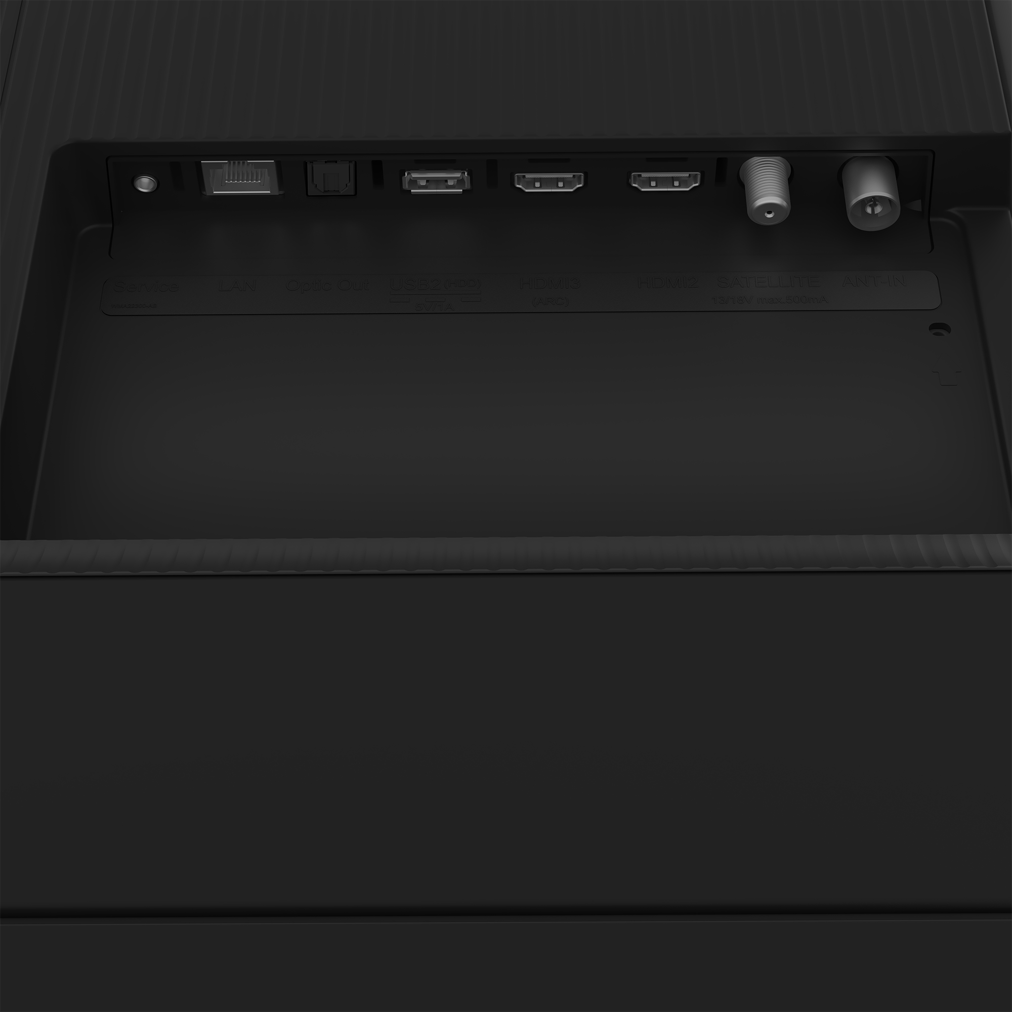 Panel trasero de un televisor negro. Incluye varios puertos de conexión y un fondo negro.