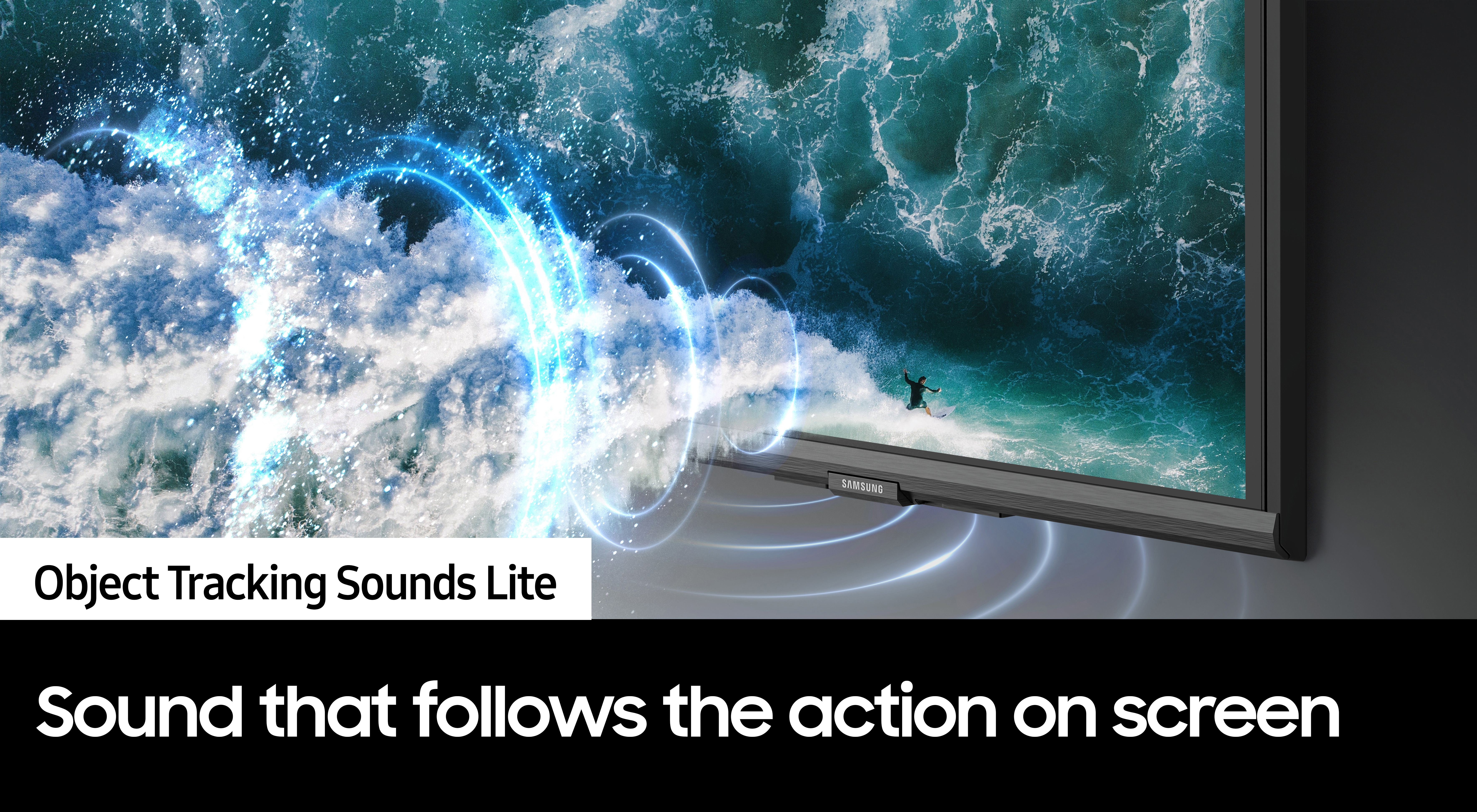 Ekran telewizora z falami i surferem. Tekst: Object Tracking Sounds Lite.