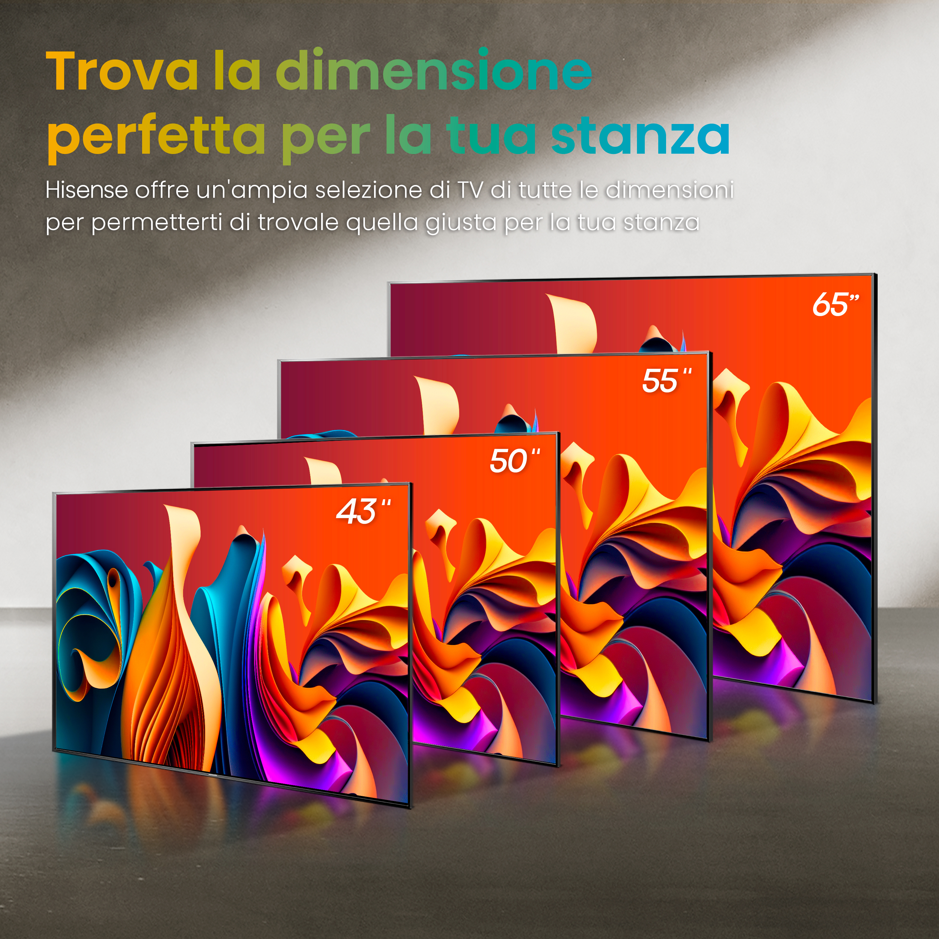 Cztery telewizory o różnych rozmiarach obok siebie. Tekst: "Znajdź idealny rozmiar".