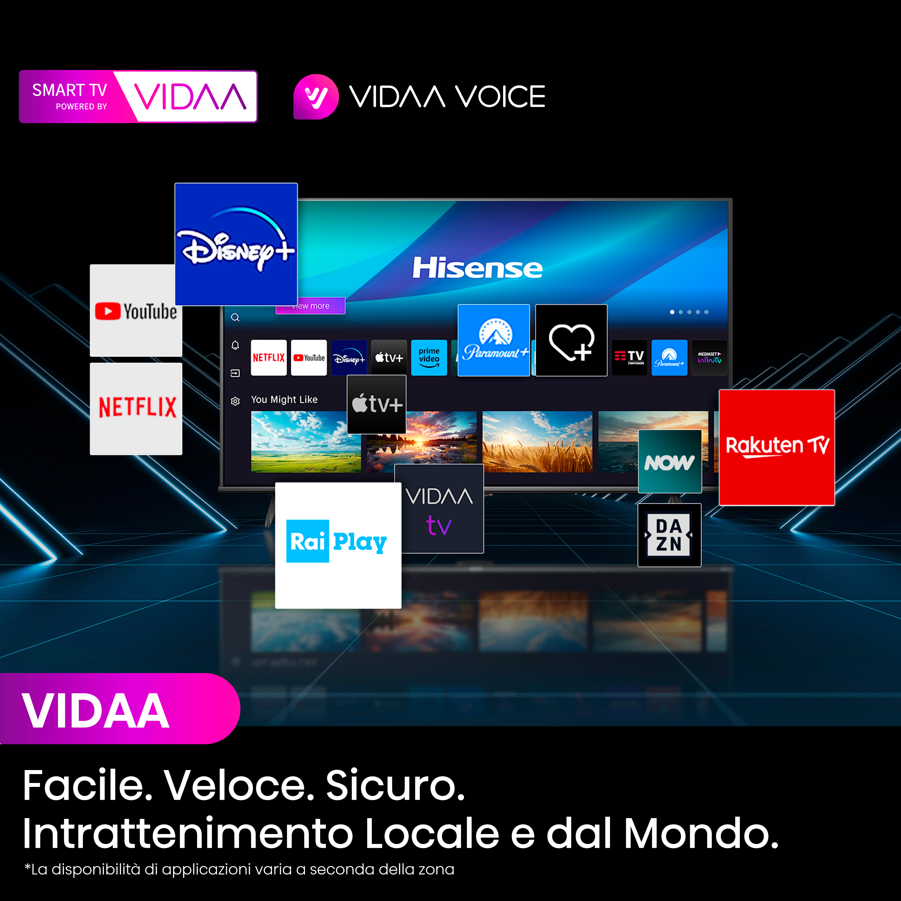 Telewizor Hisense wyświetlający interfejs Smart TV. Na ekranie widoczne są różne aplikacje do strumieniowania.