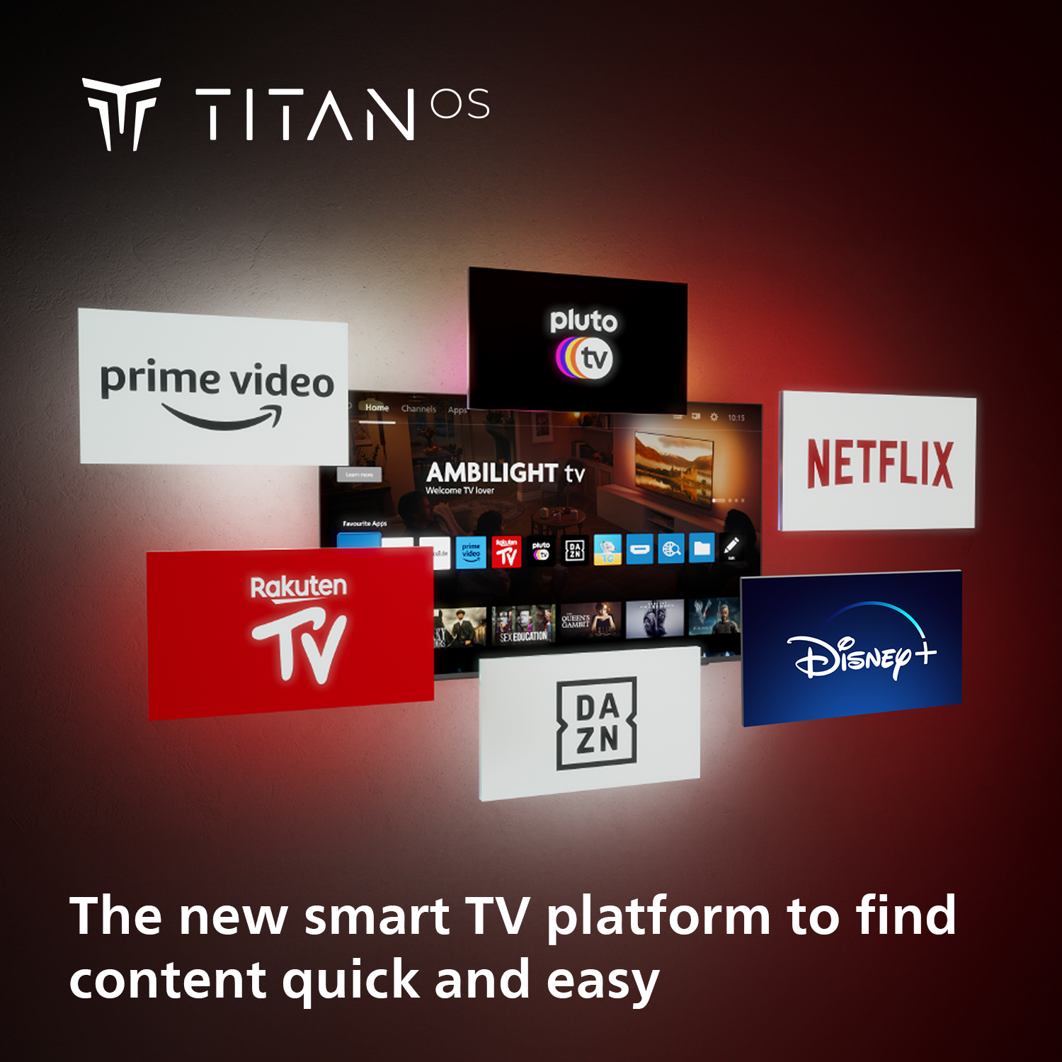 Smart-TV-Oberfläche mit Logos für Prime Video, Pluto TV, Netflix, Rakuten TV, Disney+ und DAZN auf rotem Hintergrund.