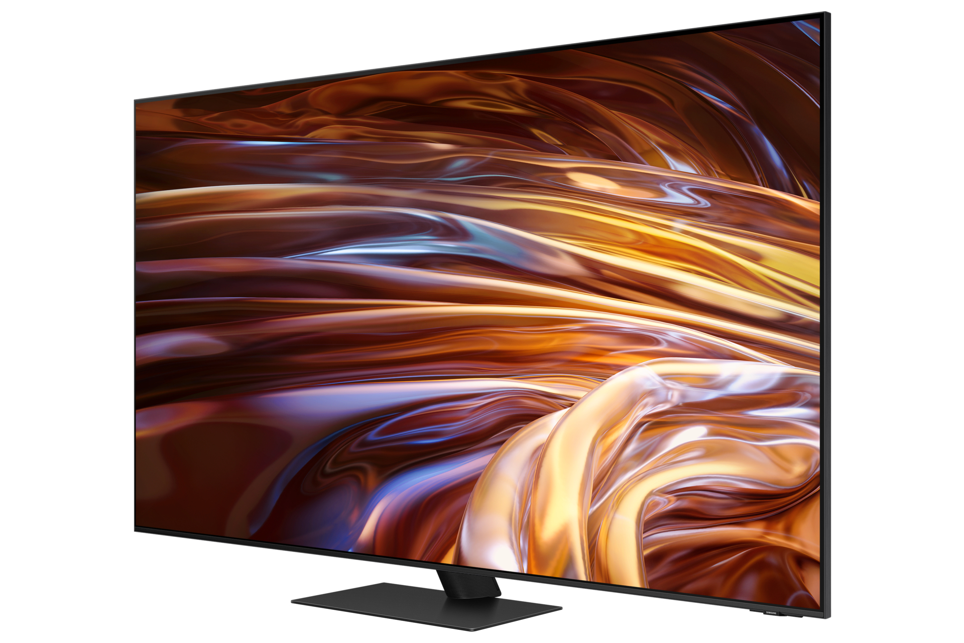 Une grande télévision sur un pied affiche une image abstraite, tourbillonnante, marron et dorée.