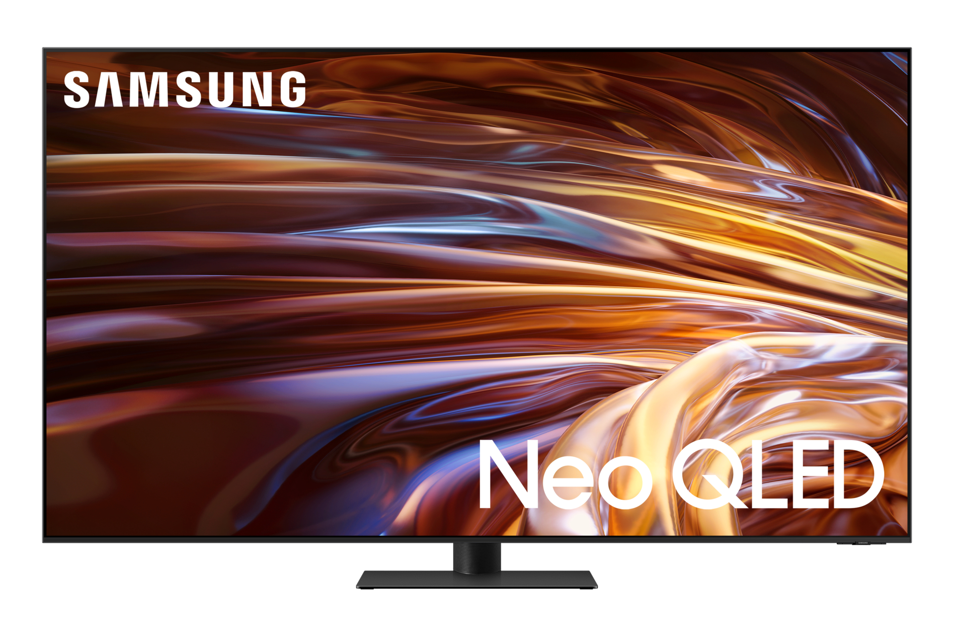 Téléviseur Samsung avec design abstrait marron et or. Pied noir, logo Neo QLED.
