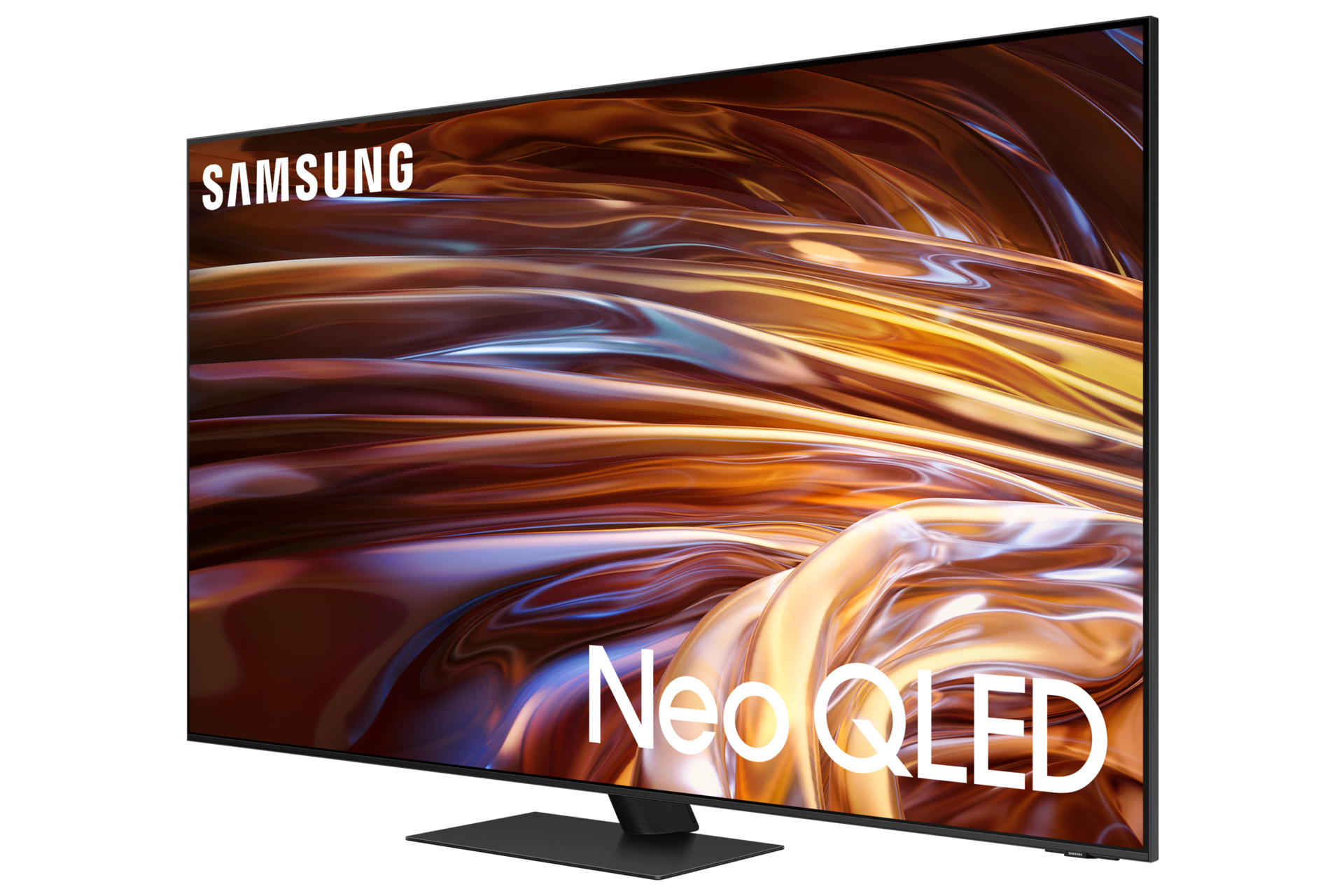 Samsung Neo QLED TV, cadre noir, affiche un art abstrait marron et doré.