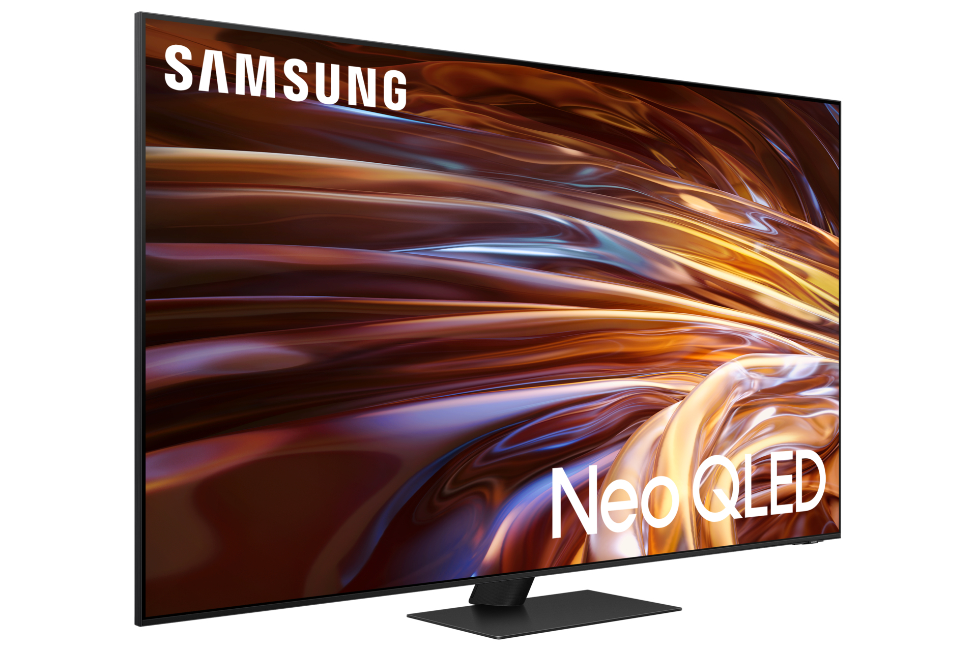 TV Samsung Neo QLED, vue en angle, affichage abstrait marron et doré, cadre noir.
