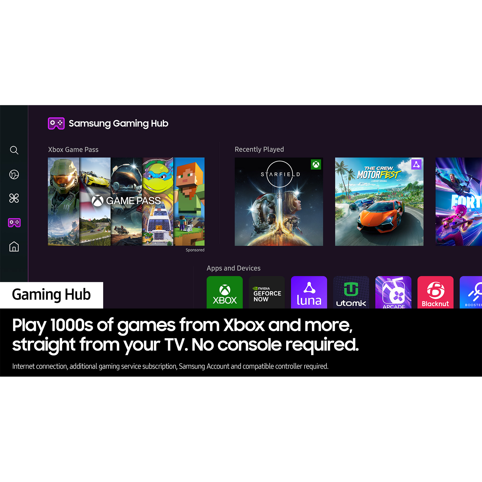 Samsung Gaming Hub Oberfläche auf dem Fernseher, zeigt Spielkacheln, Apps und Geräte mit Text.