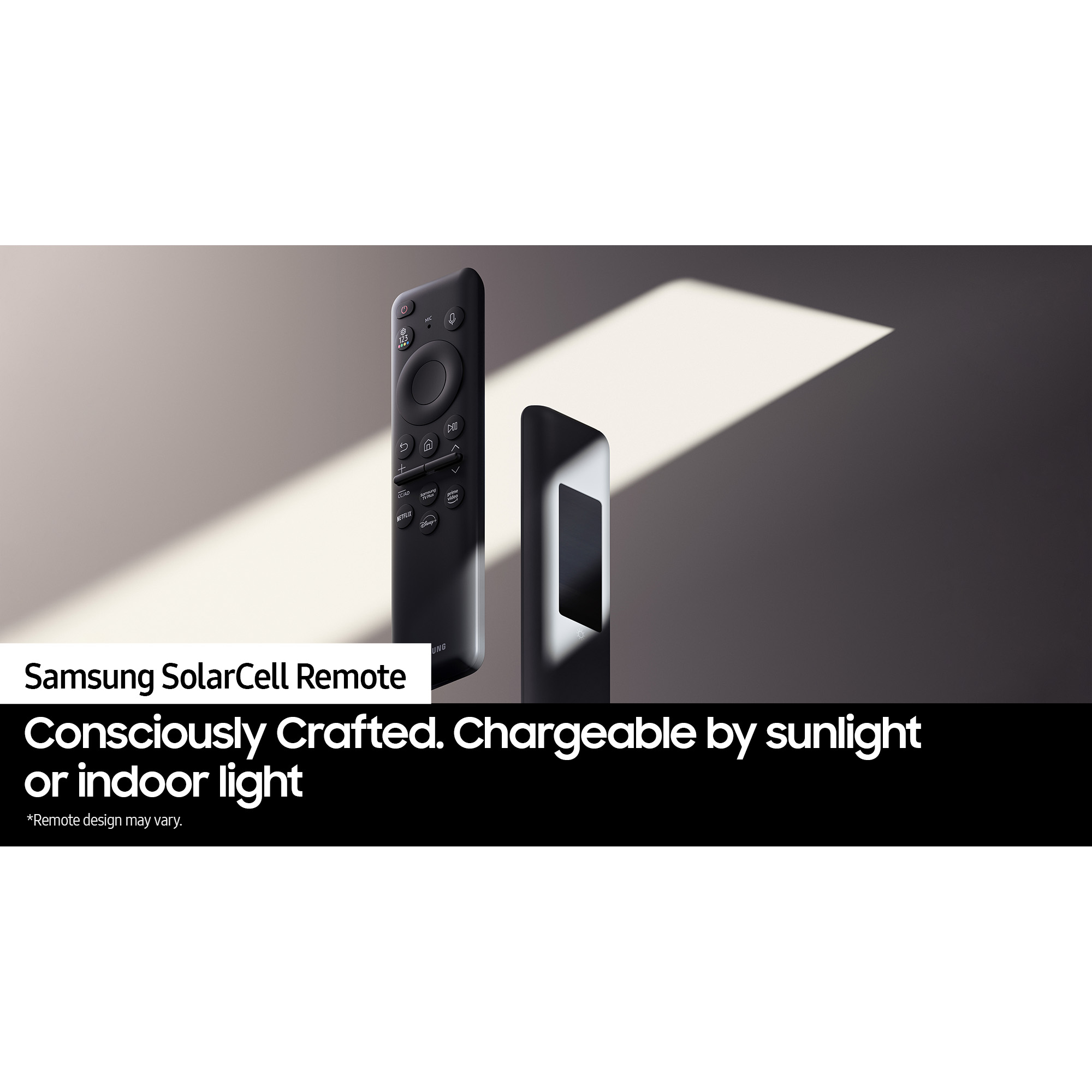 Schwarze Samsung SolarCell Fernbedienung, mit dunklem Hintergrund. Weißer Text über Aufladen durch Sonnenlicht.
