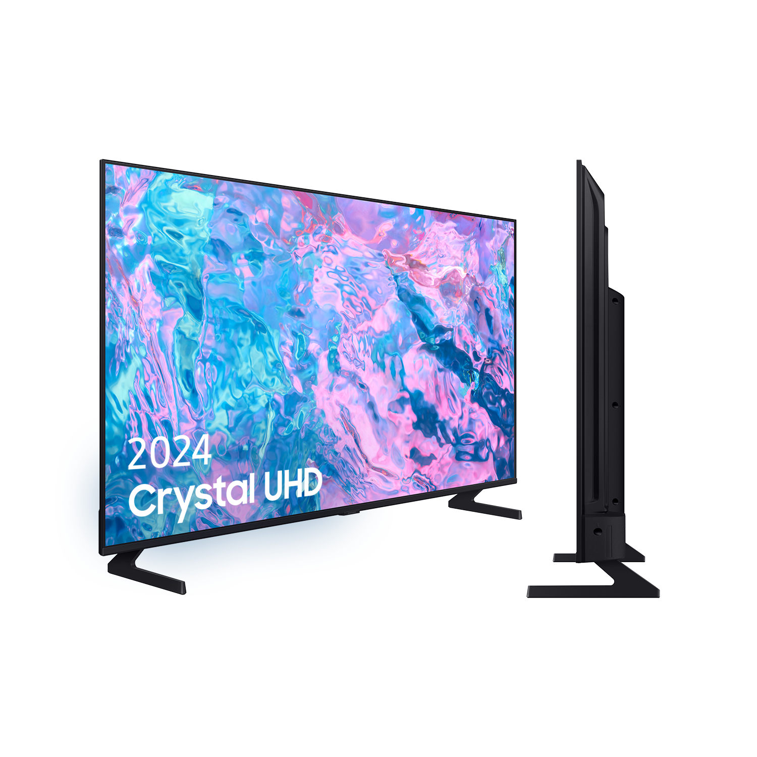 TV Samsung Crystal UHD, vista laterale, anteriore e laterale. Nero, con etichette 2024 e UHD.