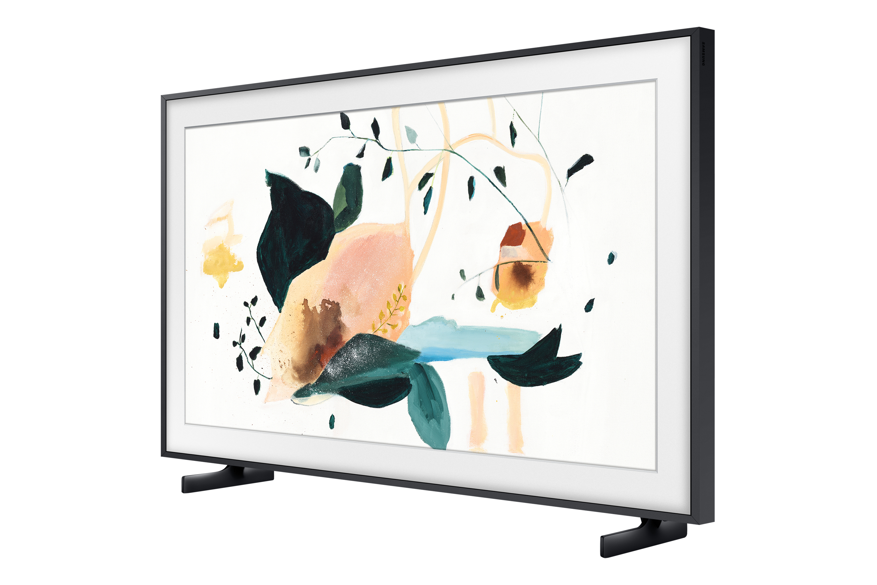 Schwarz gerahmter Samsung-Fernseher auf Ständern, zeigt farbenfrohe abstrakte Kunst.