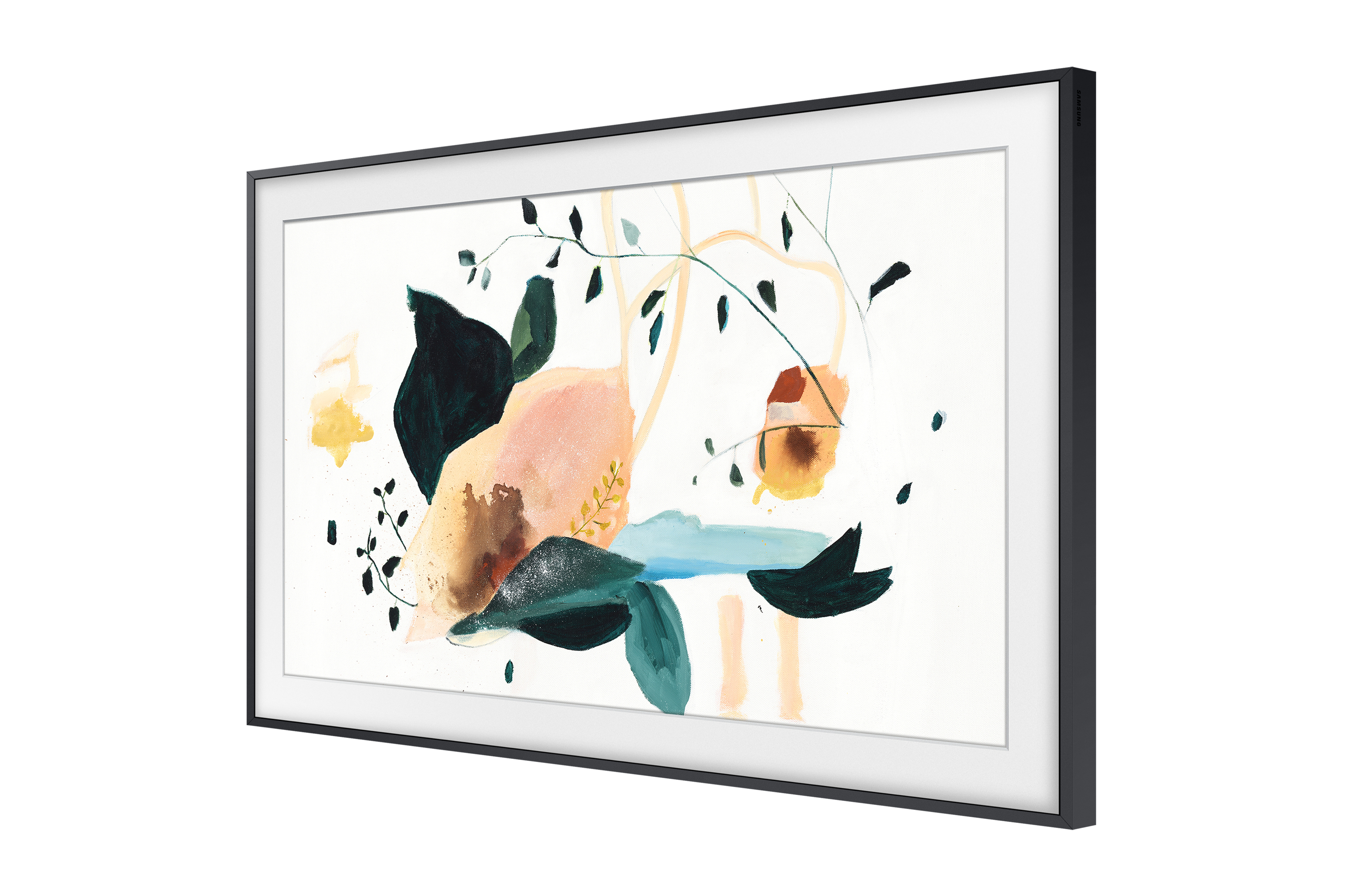 Samsung Frame TV. Abstrakte Kunst auf dem Bildschirm, schwarzer Rahmen, weißer Hintergrund.