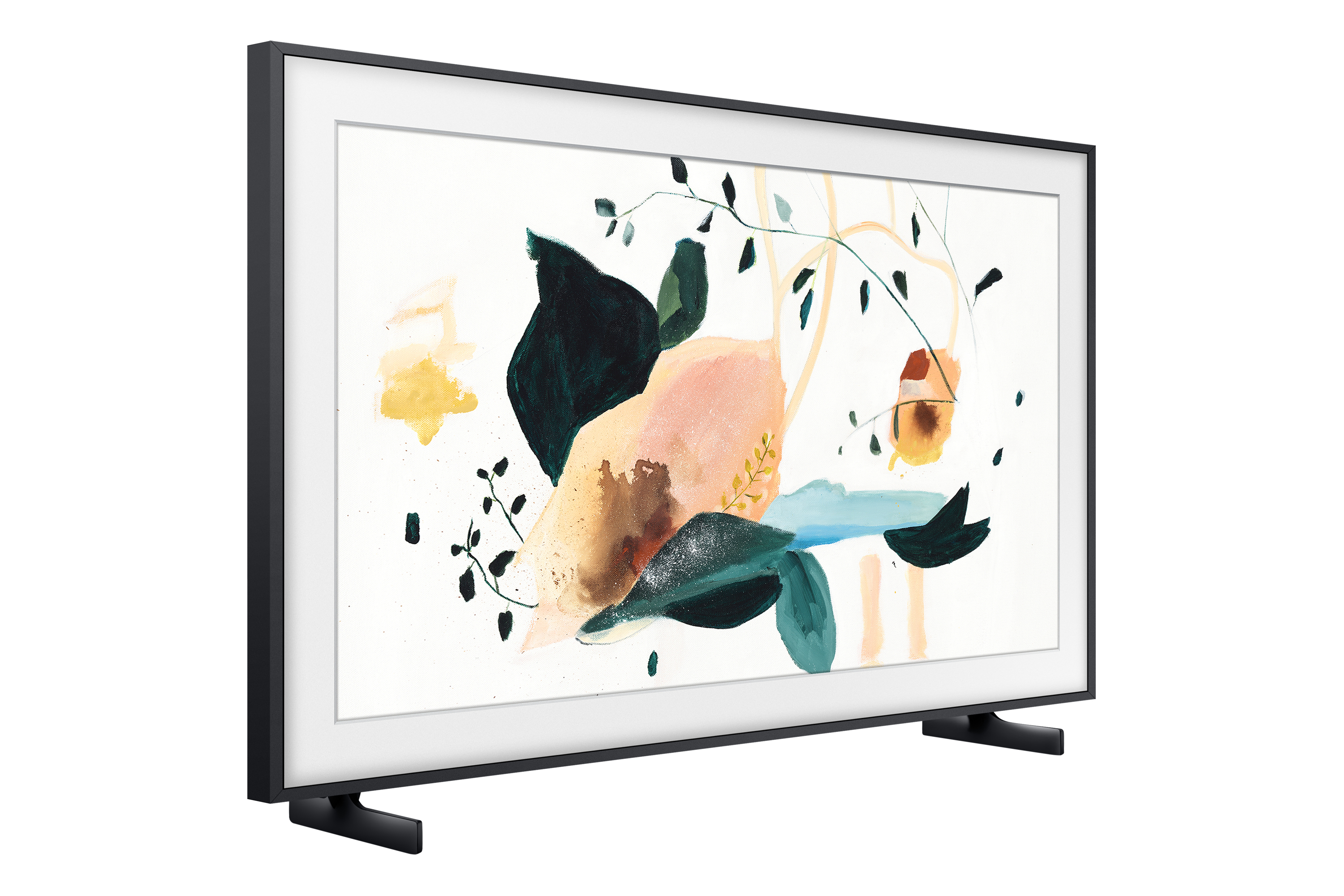 Ein schwarz gerahmter Fernseher zeigt farbenfrohe abstrakte Kunst. Er steht auf kleinen schwarzen Füßen vor weißem Hintergrund.