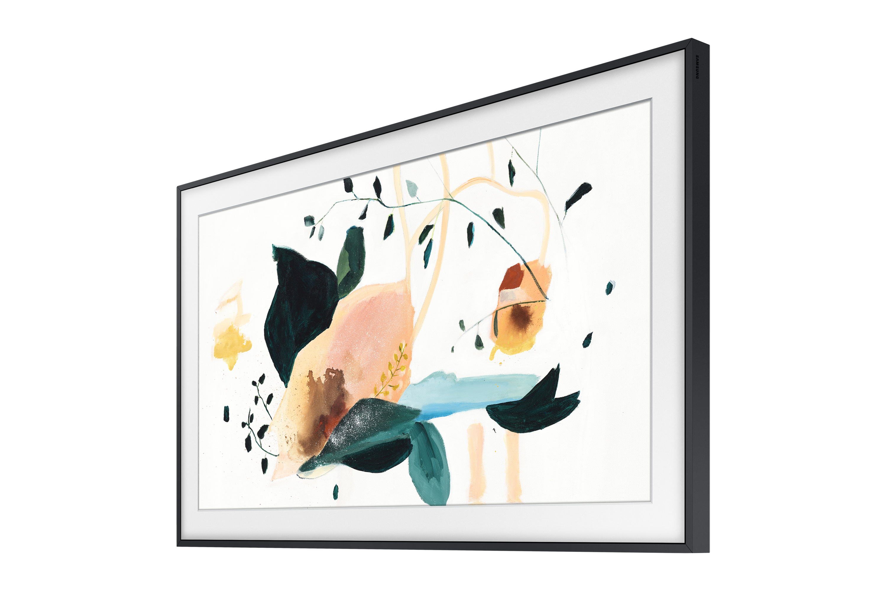 Schwarz gerahmter Fernseher mit abstrakter Kunst mit grünen, blauen und orangefarbenen Formen auf Weiß.