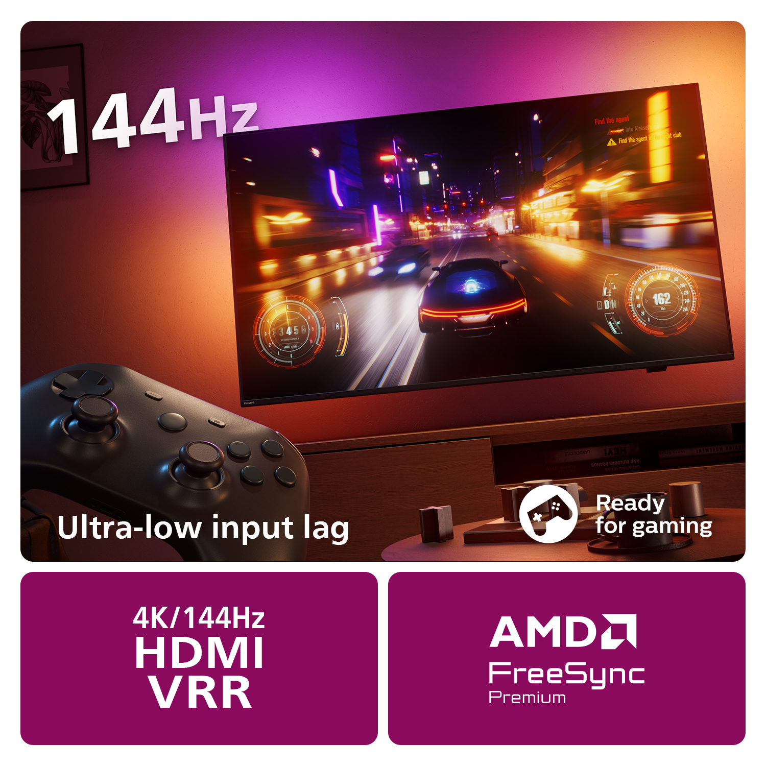 Ein Gaming-TV-Bildschirm, der ein Rennspiel mit einem Controller im Vordergrund zeigt.