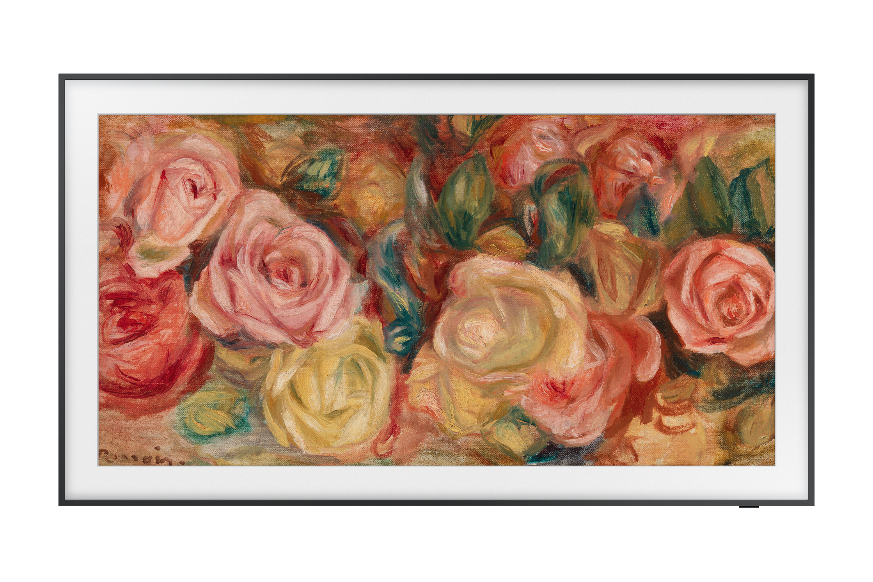 Oprawiony obraz przedstawia bukiet róż w odcieniach różu, żółci i czerwieni, z zielonymi liśćmi.