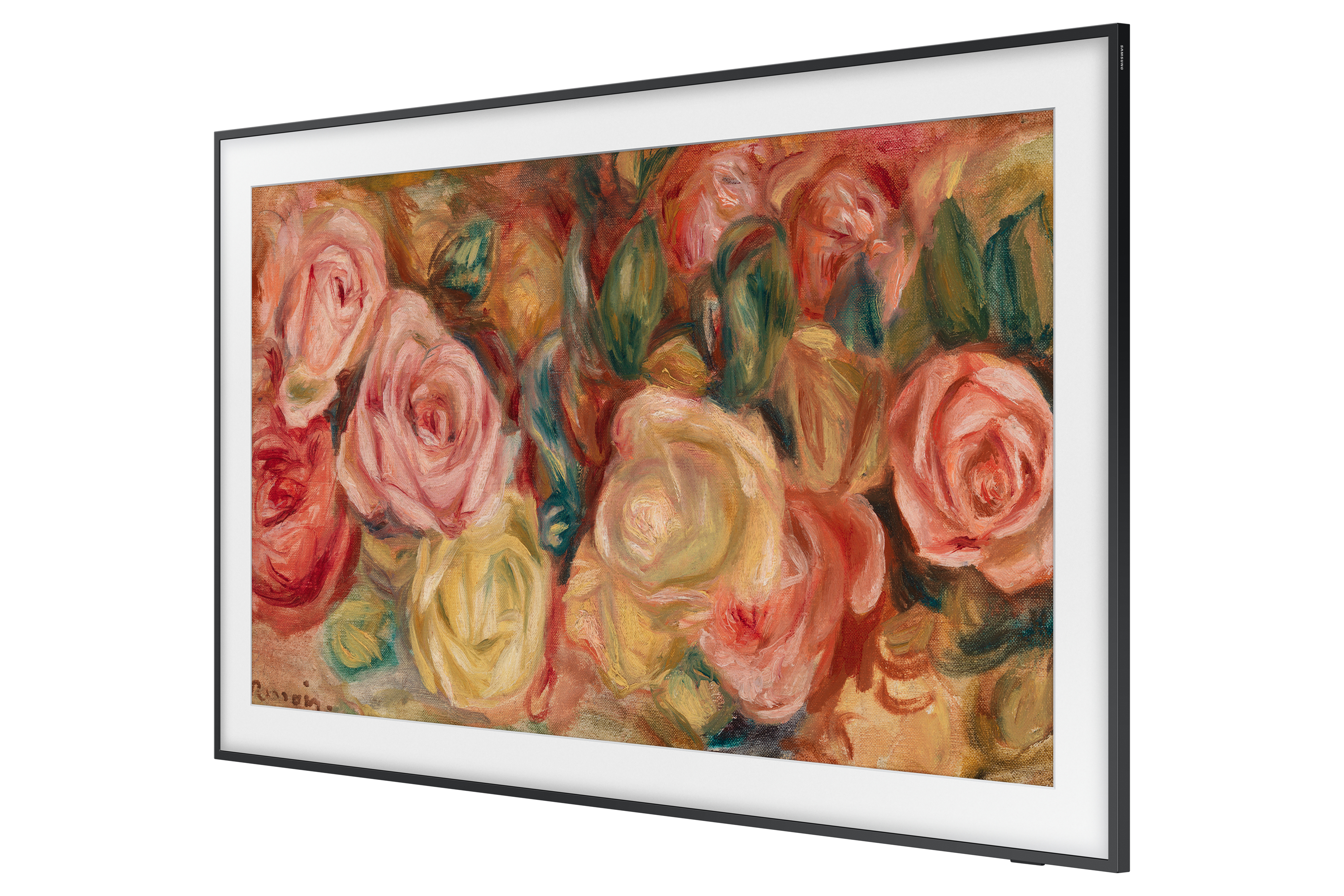 Telewizor Samsung wyświetlający obraz kwiatowy, z czarną ramką. Grafika przedstawia różowe róże.