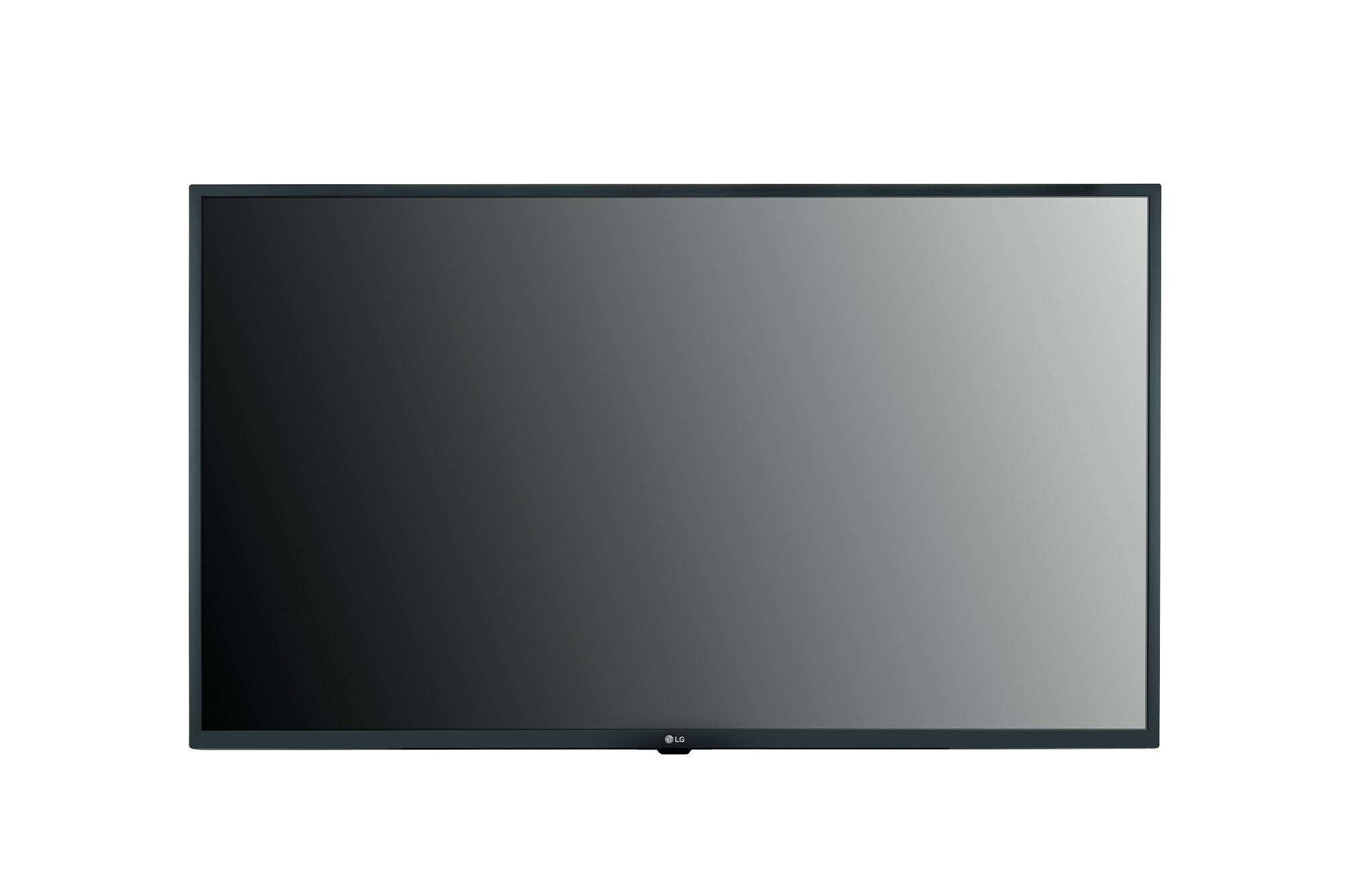 Großer LG-TV-Bildschirm, schwarzer Rahmen, auf weißem Hintergrund. Bildschirm ist grau.