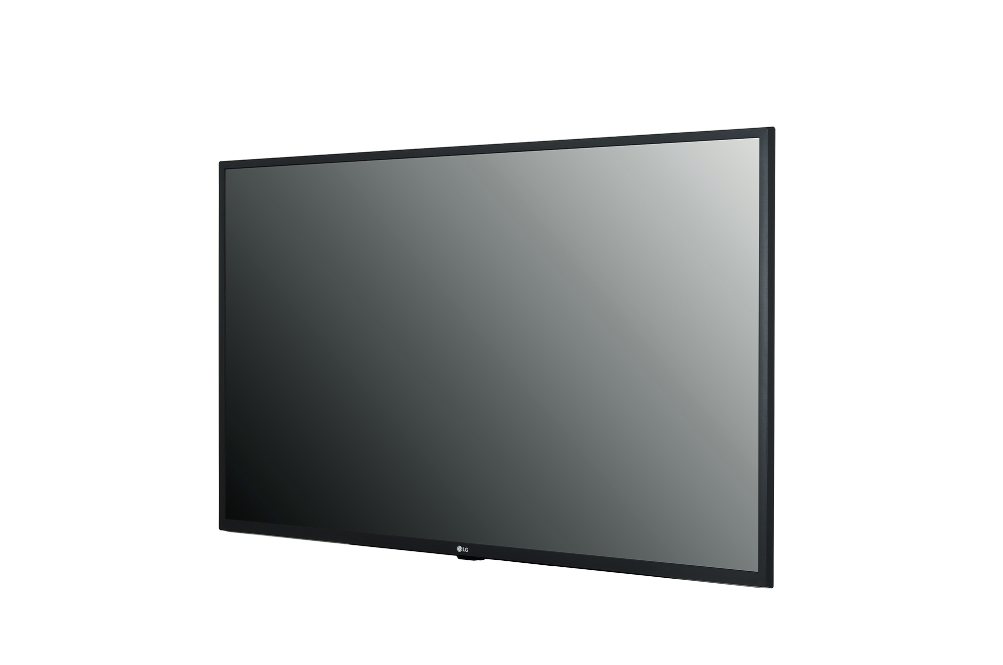 LG-Fernseher, schwarzer Rahmen, leerer Bildschirm. Schräge Ansicht auf weißem Hintergrund. LG-Logo unten.