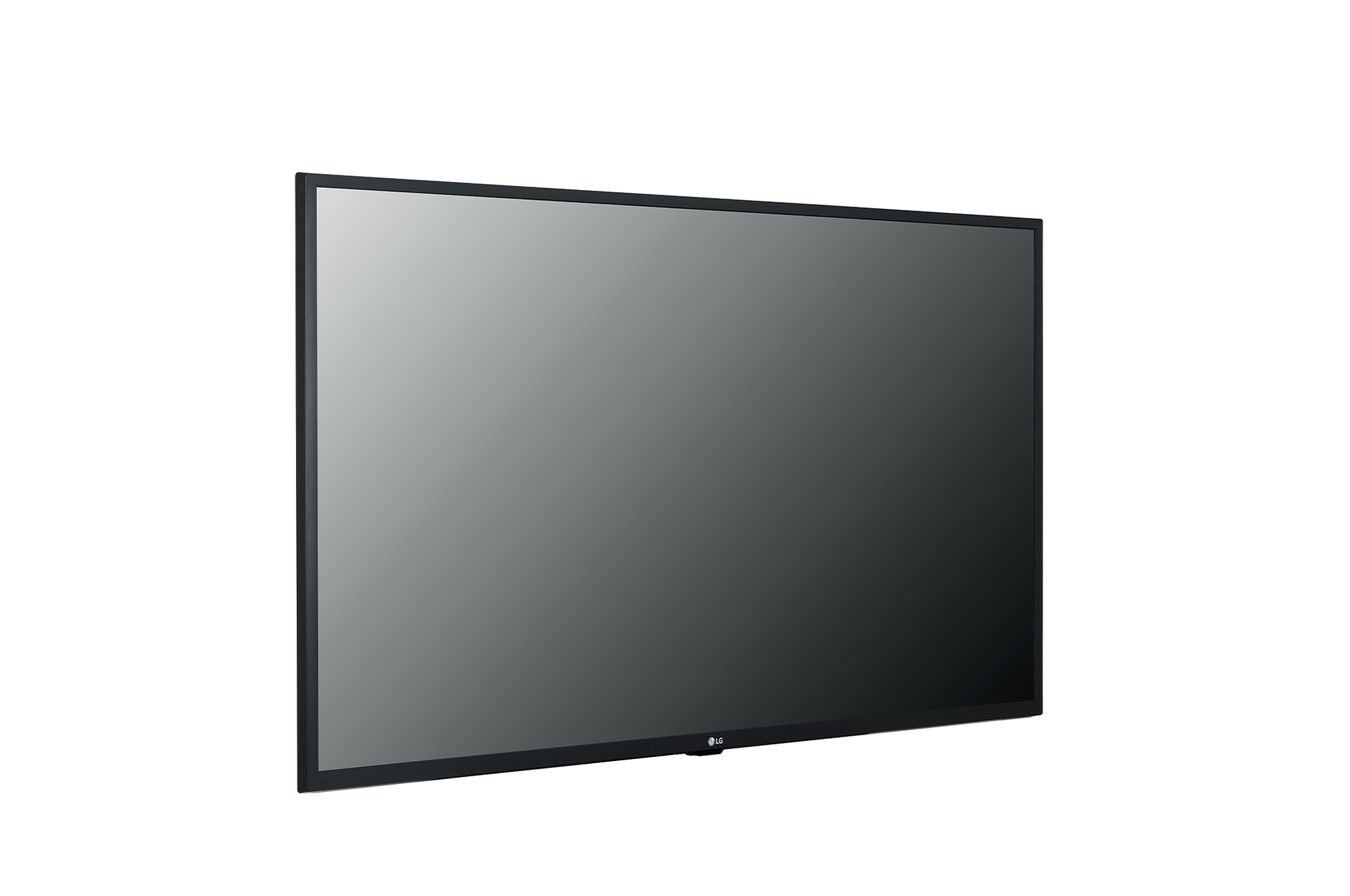 Ein großer schwarzer LG Fernseher, schräge Ansicht, zeigt einen Farbverlauf von hell- zu dunkelgrau.