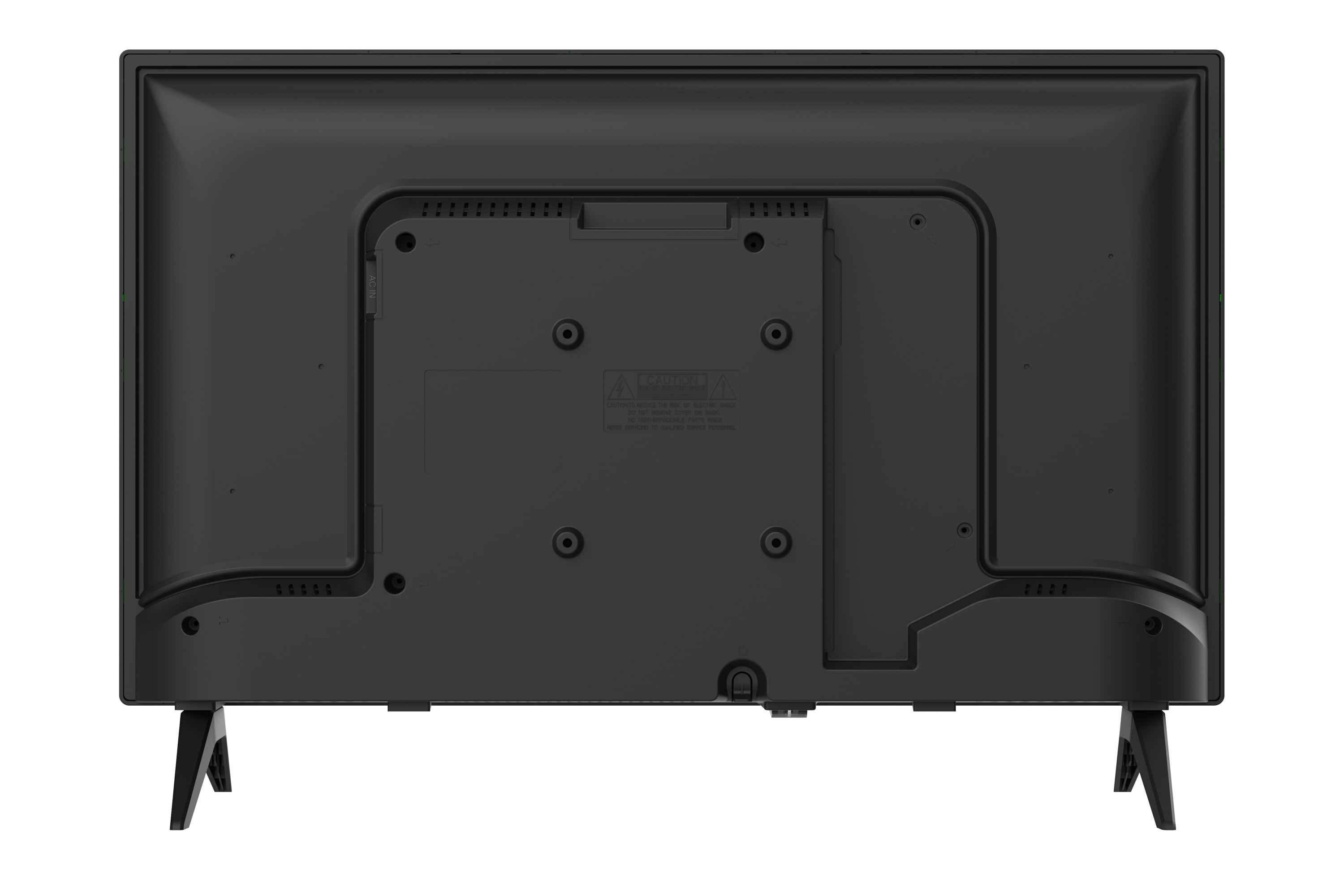 La parte trasera de un televisor negro, mostrando los puertos y los soportes del soporte sobre un fondo blanco.