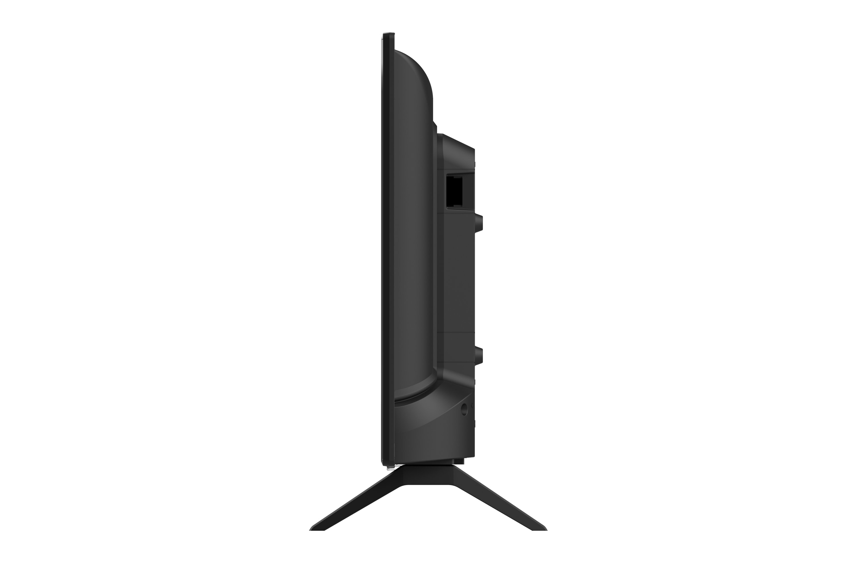 Vista lateral de un televisor negro con un soporte negro sobre un fondo blanco.