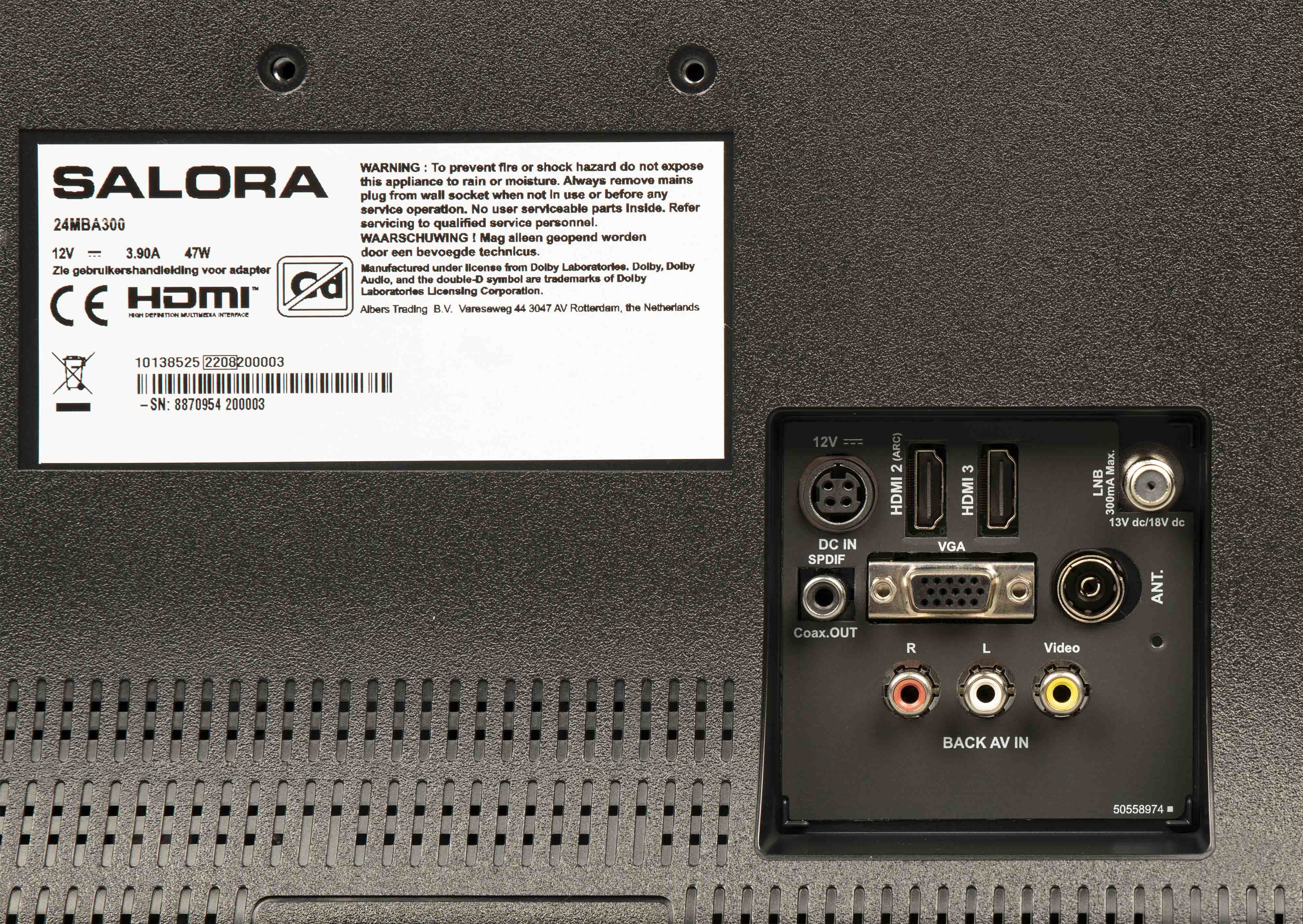 Panneau arrière d'un téléviseur Salora montrant ports et étiquettes. Noir et gris.